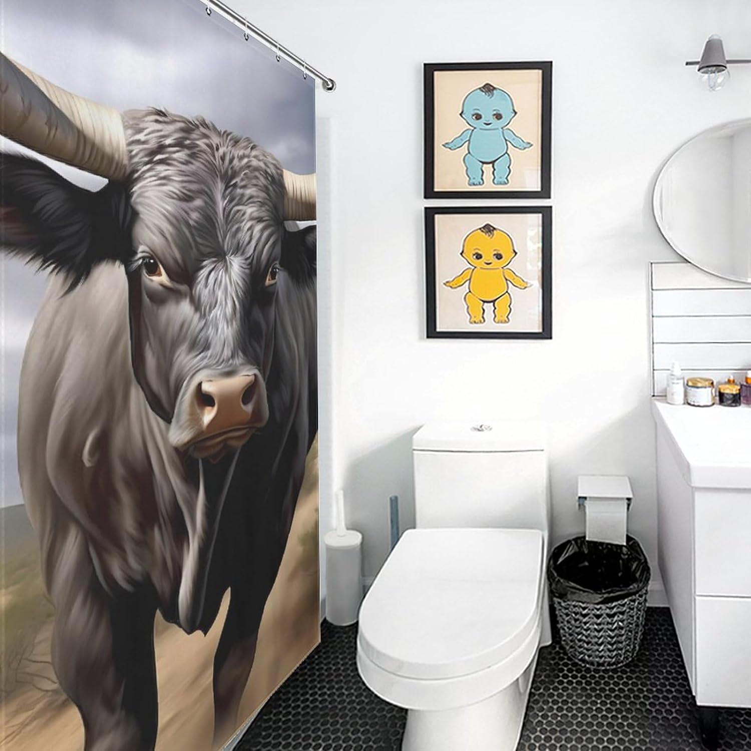 The Bull Horns Funny Shower Curtains Washable Bath Curtain Liner with Hooks for Bathroom Bath Tubs