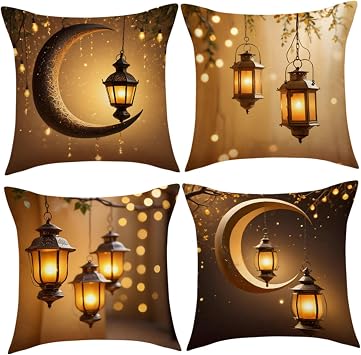 Ramadan Linen Pillow Covers 18x18, 4Pcs Decorative Mubarak Cushion Case for Home Couch Sofa Bedroom