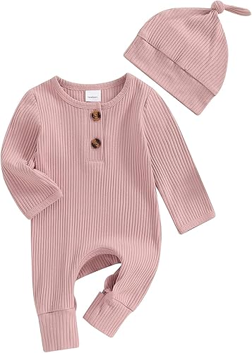 Conjunto de ropa para niños y niñas, mameluco para recién nacido, gorro de punto acanalado, manga larga, con botones, color liso, mono