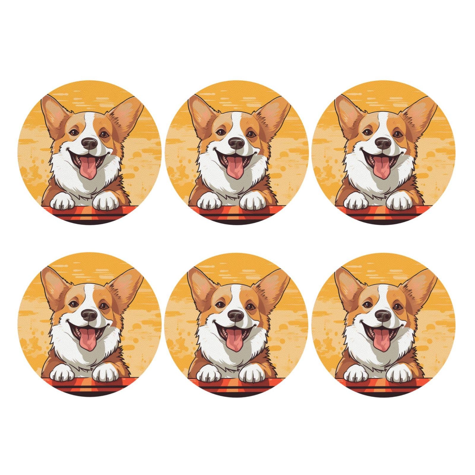 6pcs Leather Coasters for Drinks, Cute Corgi Dog Drink Coasters for Tabletop Protection, 4" Cup Coasters for Coffee Table Decor, Non-Slip Drinking Cup Mat for Hot Or Cold Drink