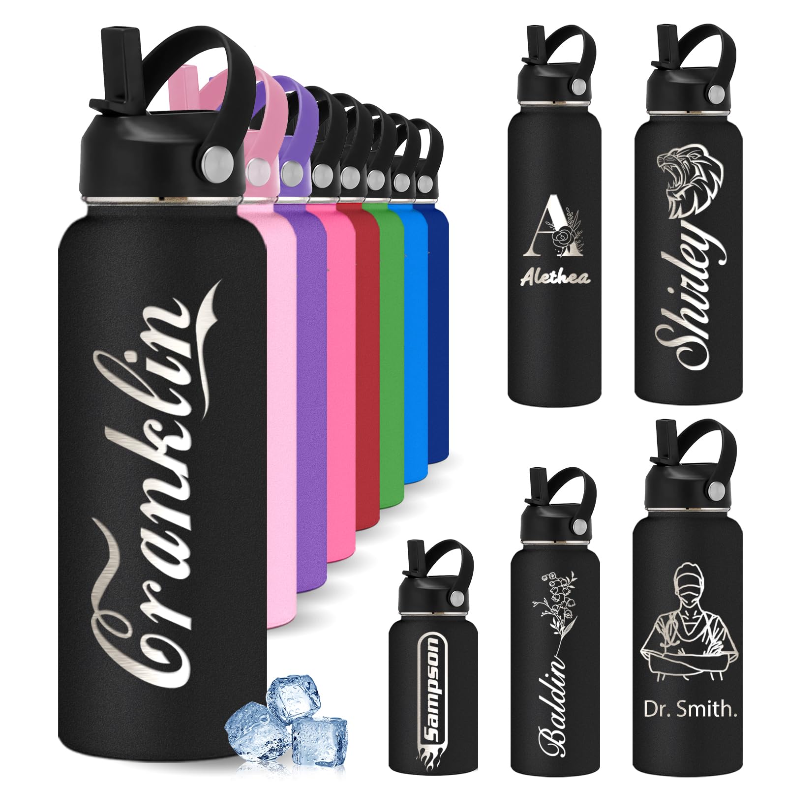 YoLLiEE Custom Personalised Water Bottles for Kids with Straw 12 18 24 32 40 oz Customised Engraved Insulated Stainless Steel Water Bottles with Name Design, Black