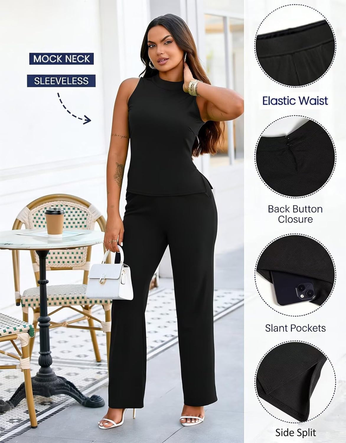 acelyn Elegant Women's 2 Piece Outfits Sleeveless Slit Mock Neck Top Wide Leg Pant Suits Set Work Business Pantsuit Black