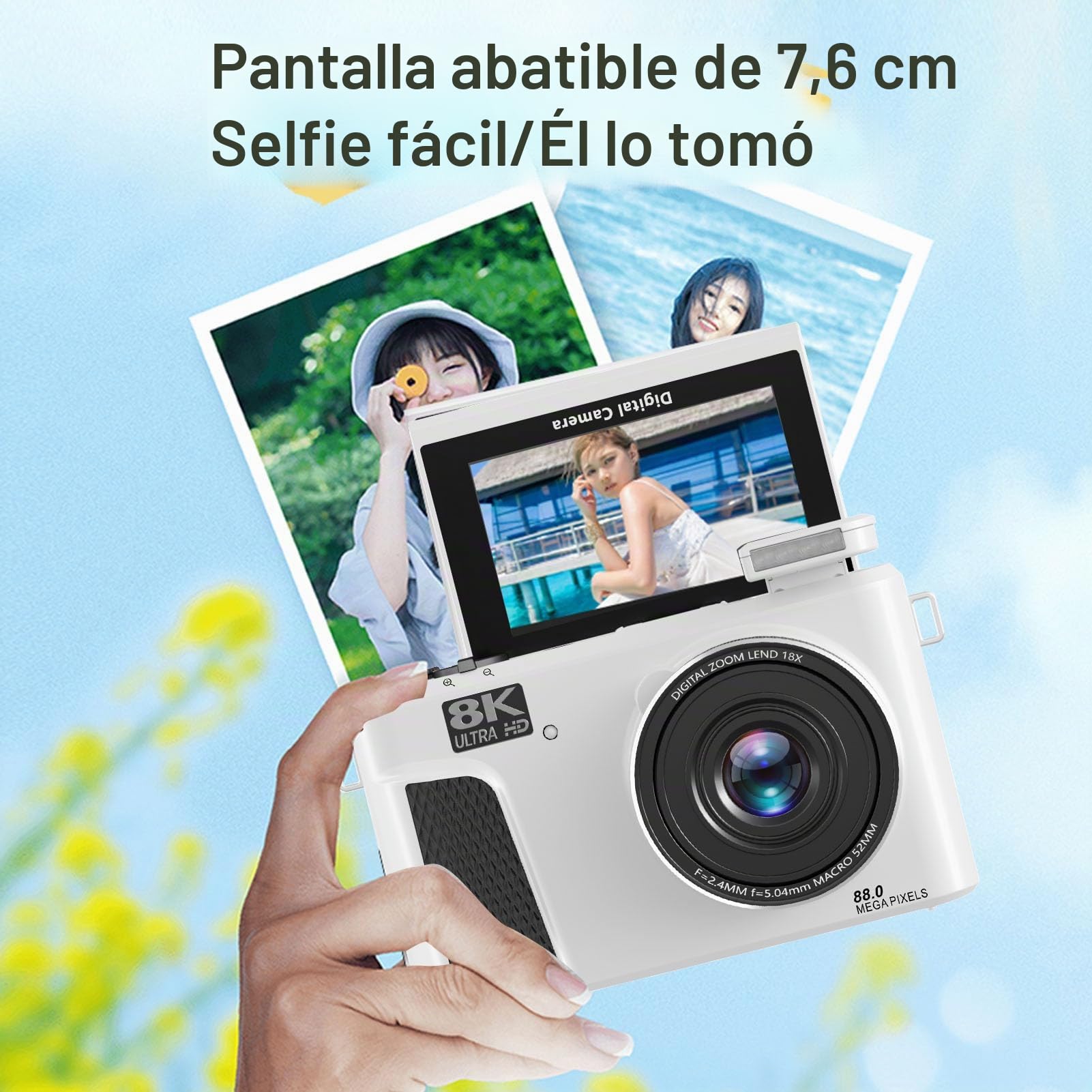 Goshyda Cámara Digital de 8k, Cámara UHD de 88MP con Control WiFi, Cámara de Zoom de 18x para Vlogging con Pantalla de Flip de 3 Pulgadas de 180 °, Enfoque Automático para Video de (White)