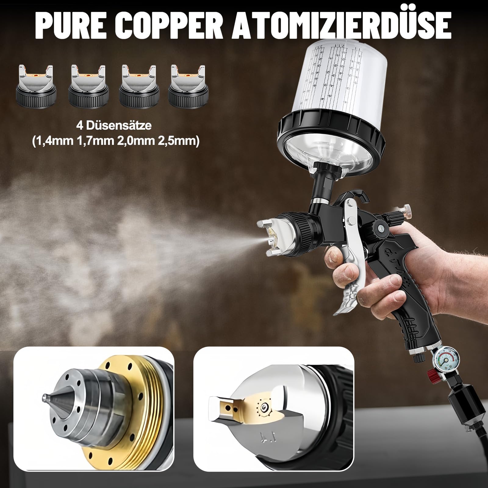 HVLP Lackierpistole Spritzpistole mit 4 Düsen-1,4/1,7/2,0/2,5mm, Lackierpistole Druckluft Schwerkraft Sprühgeräte mit 600ML Messbechern, 10 Einweg-Farbmischbechern und Deckeln, 20 Filtern (Schwarz)