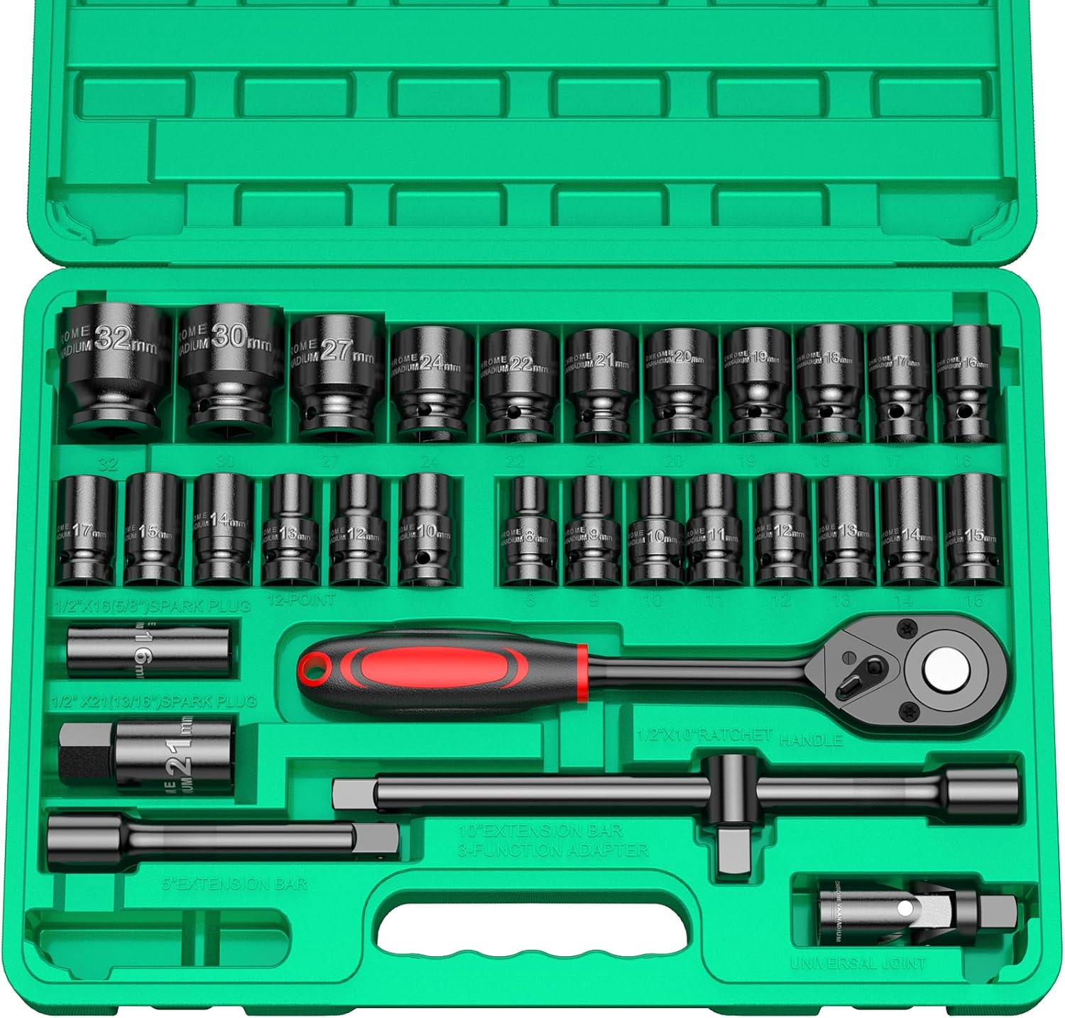 DIYtoolifz 1/2" Drive Impact Socket Set, 32 Pieces CR-V Steel Socket Wrench Set, SAE 1/2" and Metric Size 8-32mm Sockets with 24 Tooth Ratchet Wrench, Socket Kit for Car Truck Home Mower Lug Nut