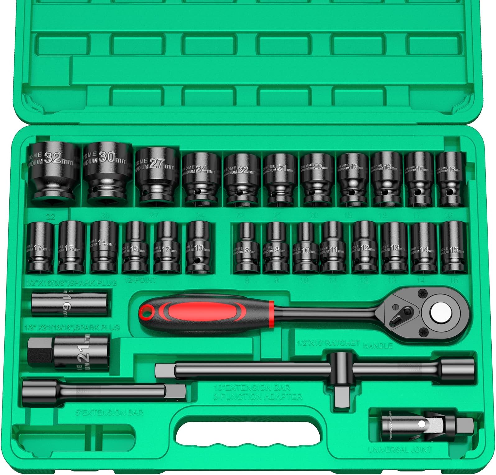 1/2" Drive Impact Socket Set, 32 Pieces CR-V Steel Socket Wrench Set, SAE 1/2" and Metric Size 8-32mm Sockets with 24 Tooth Ratchet Wrench, Socket Kit for Car Truck Home Mower Lug Nut
