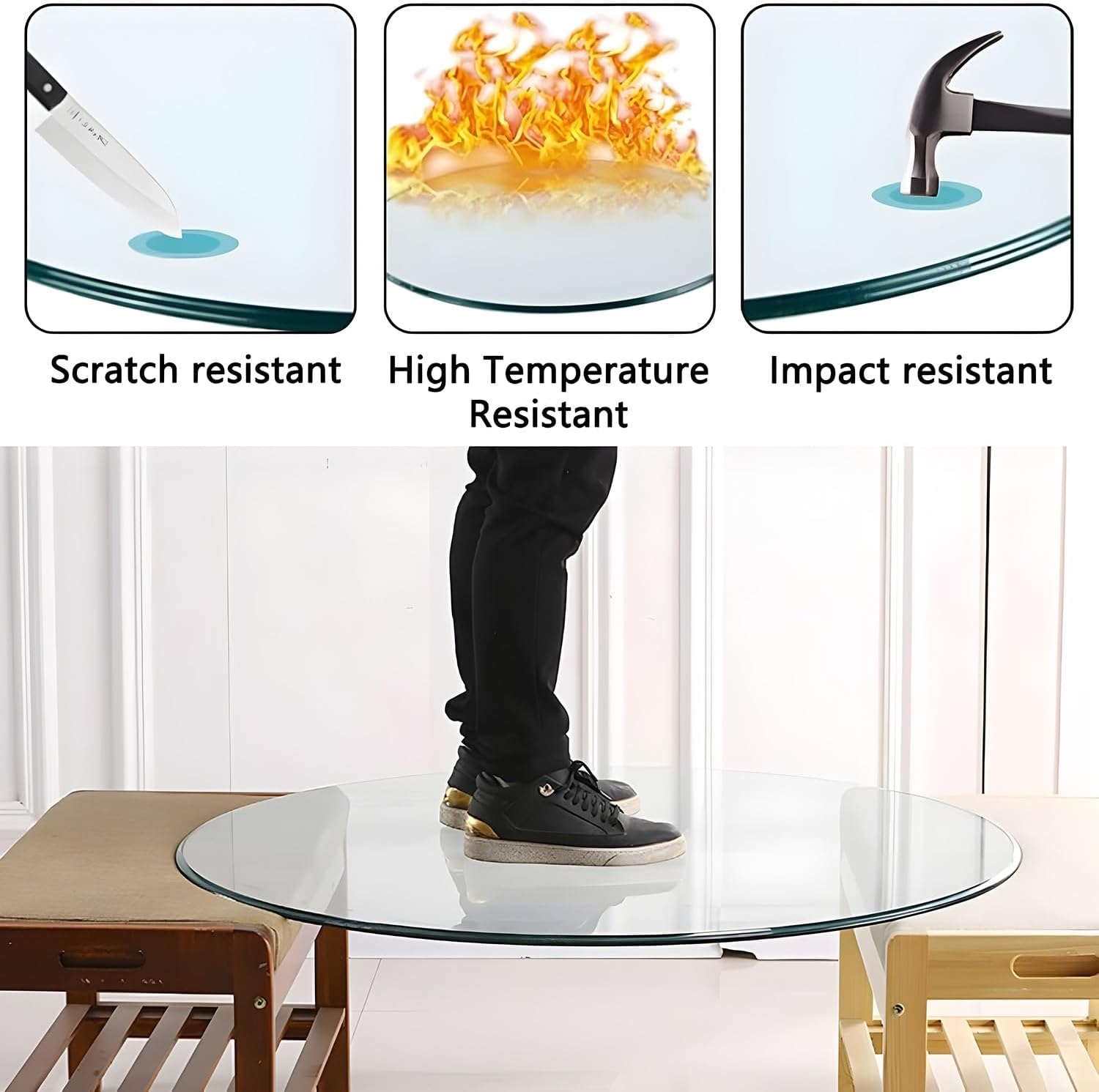 8mm Thick Tempered Clear Glass Table Top with Pencil Polished Edge, Round Clear, Replacement Glass Top for Dining & Kitchen and Patio(85cm)