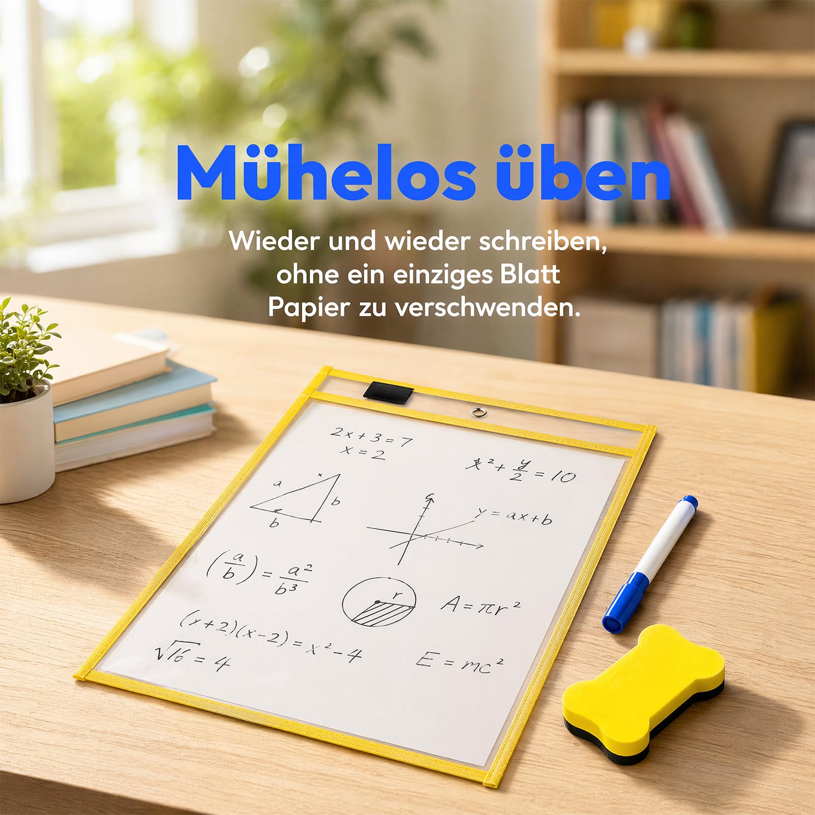 16 Stück Dry Erase Taschen, Abwischbare Durchsichtige Hüllen mit 16 Löschbare Stifte und 3 Radiergummi, A4 Wiederverwendbar Dry Erase Pockets für Schule, Büro, Zuhause