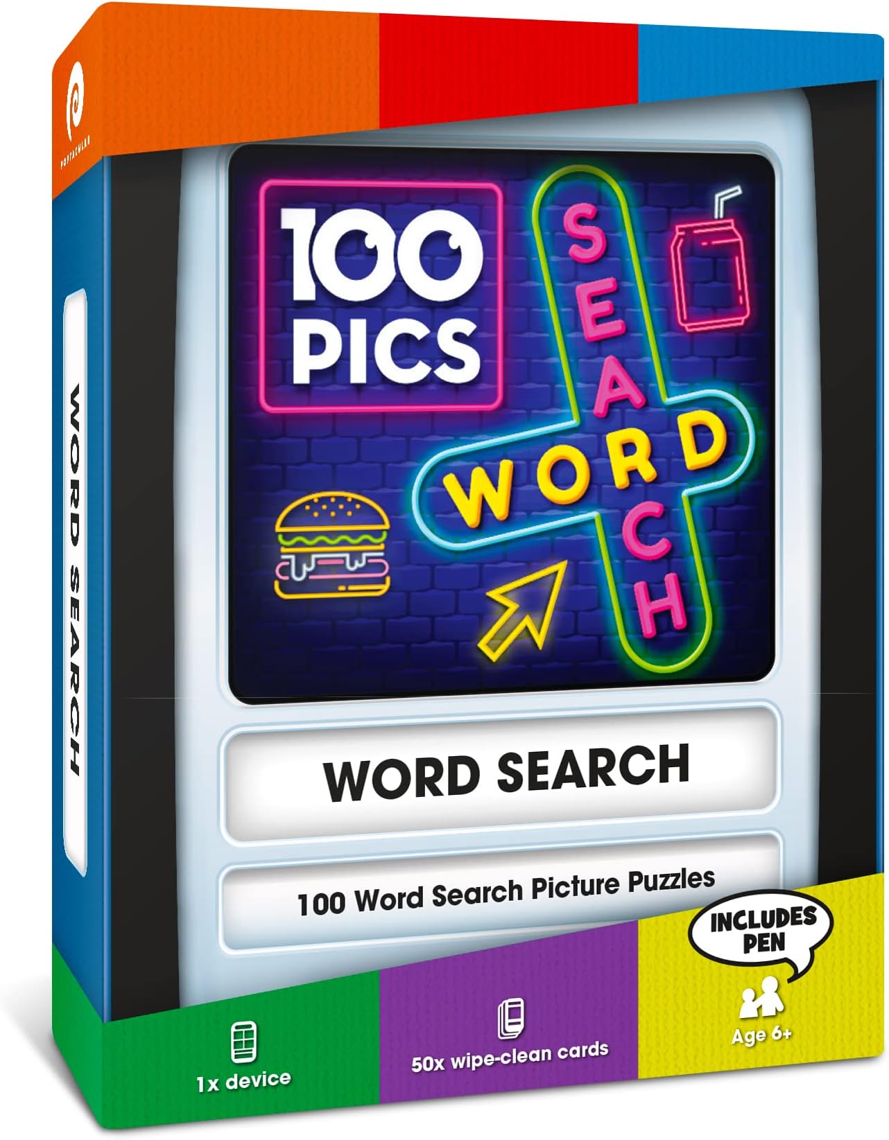 100 PICS Word Search Travel Game - 100 Puzzles with picture clues | 50 wipe clean cards, slide reveal case & pen | Activity, Gift, Stocking Filler | For kids & adults, Age 6+