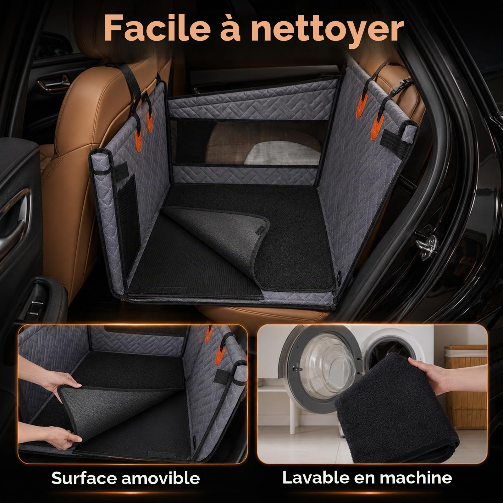 Siège unique renforcé pour chien avec ventilation et espace de rangement, imperméable, antidérapant, avec fenêtre en filet, siège arrière renforcé pour voiture, SUV, pick-up, gris, 56 x 56 x 5 cm