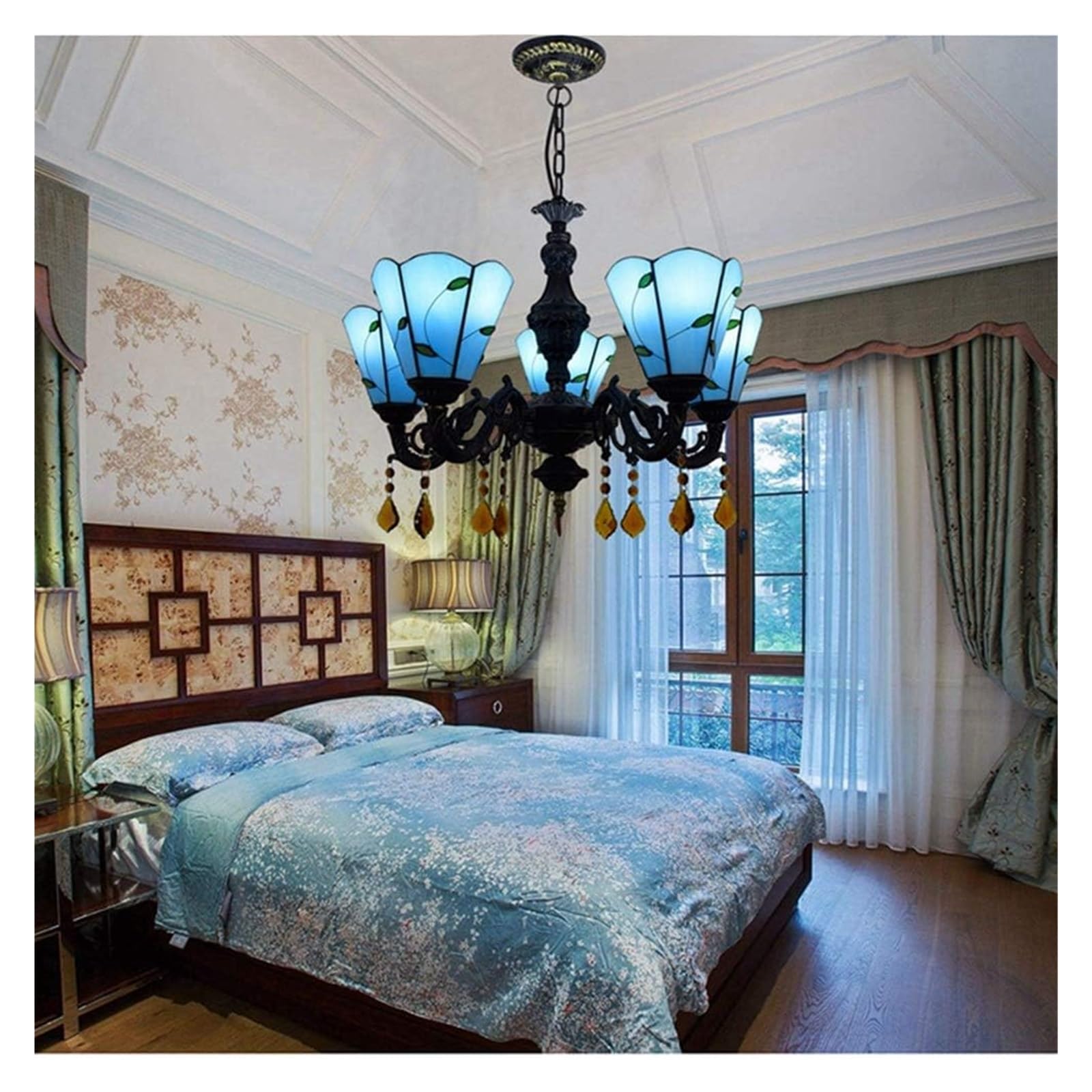 Lampa sufitowa, lampa wisząca, 24" Tiffany, 5-głowicowy żyrandol, lampa wisząca w stylu retro, śródziemnomorski niebieski, lampa wisząca, barwiony na niebiesko