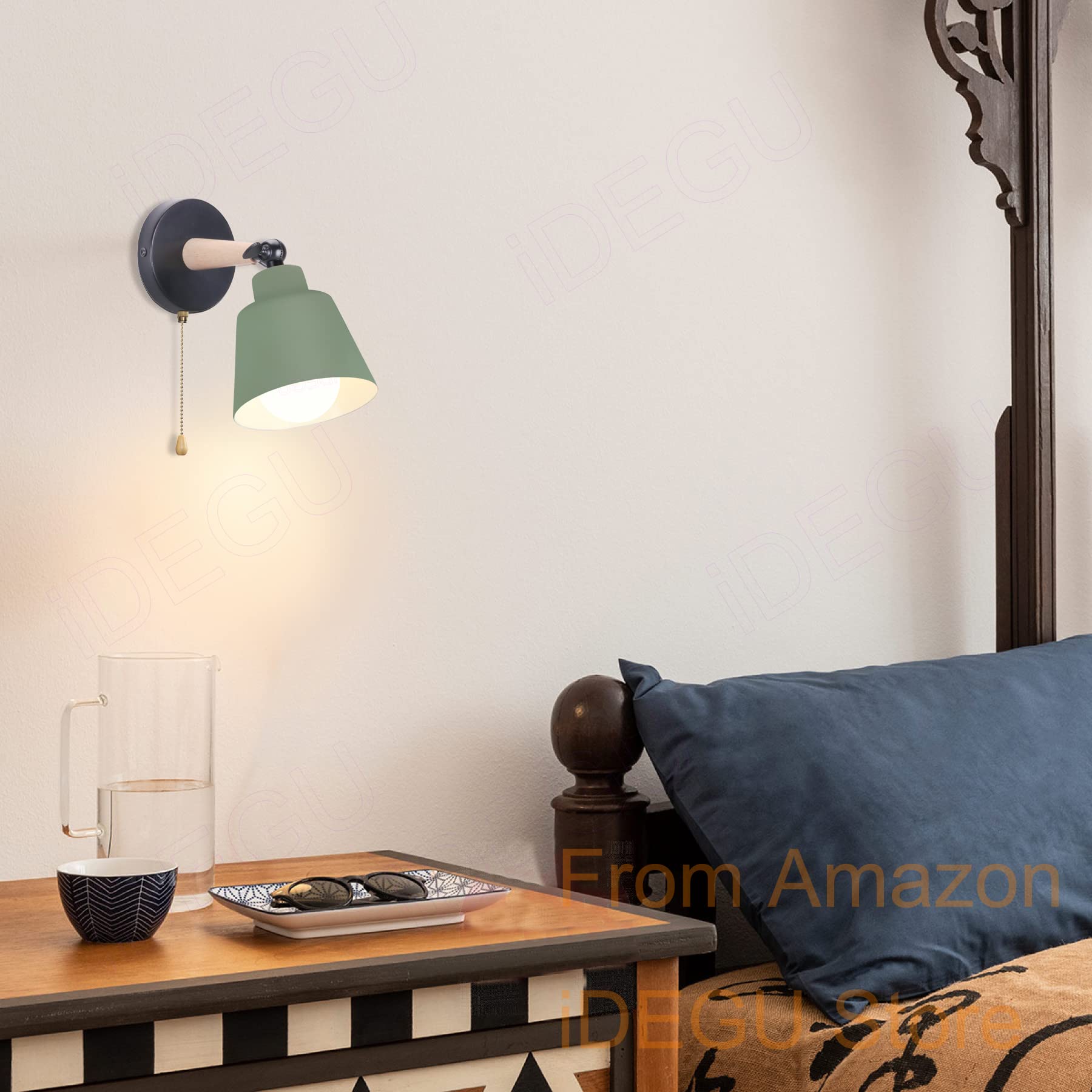 iDEGU Lot de 2 Applique Murale Rétro Vintage E27 Luminaire Plafonnier Industriel en Bois Métal Réglable Lampe Murale Interieur avec Interrupteur Applique Moderne pour Chambre Entrée Salon (Vert Olive)