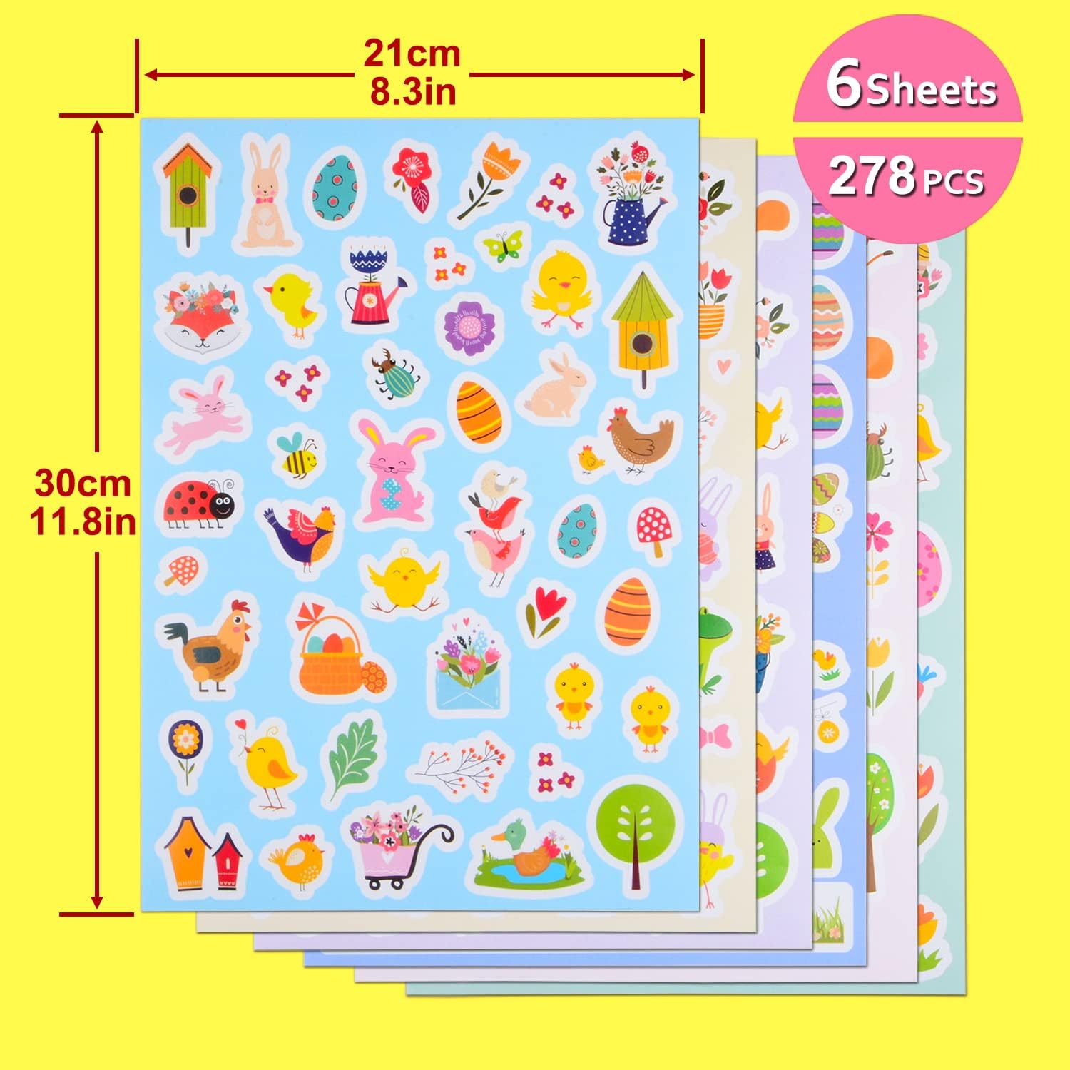 6 Sheets Easter Stickers for Kids, 278pcs Easter Stickers Bulk for Easter Egg