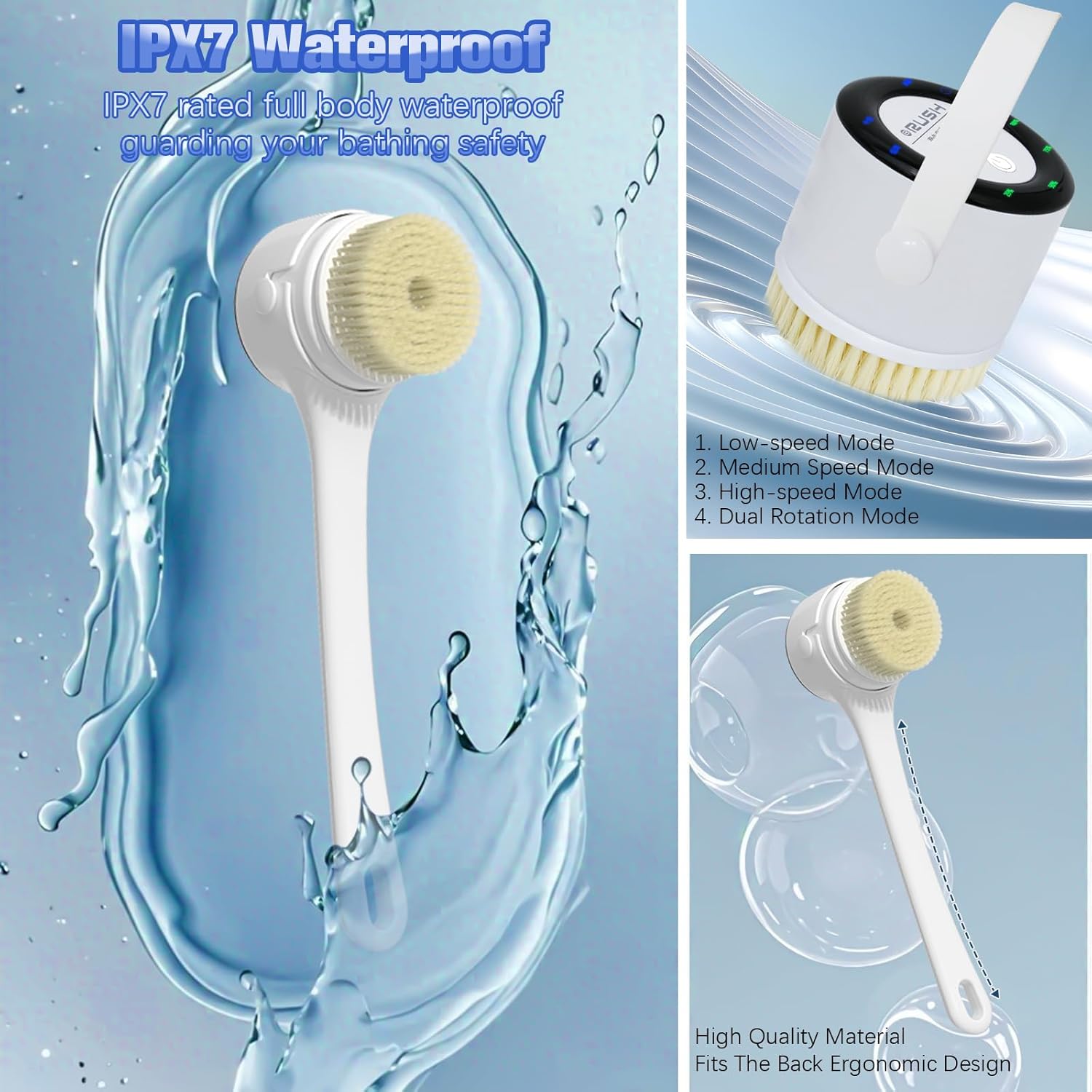 Electric Body Brush Back Scrubber - Waterproof Long Handle 5-in-1 Rechargeable Bath Brush with 3 Speed Modes, Exfoliating & Massaging Shower Brush for Body (White) - Image 5