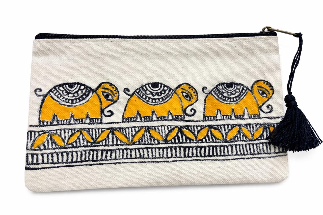 Hand-Painted Madhubani Canvas Zipper Pouch | Makeup Organizer, Travel Bag | Return Gift for Kanjak, Kitty Party, Wedding, Festive Use-image-26
