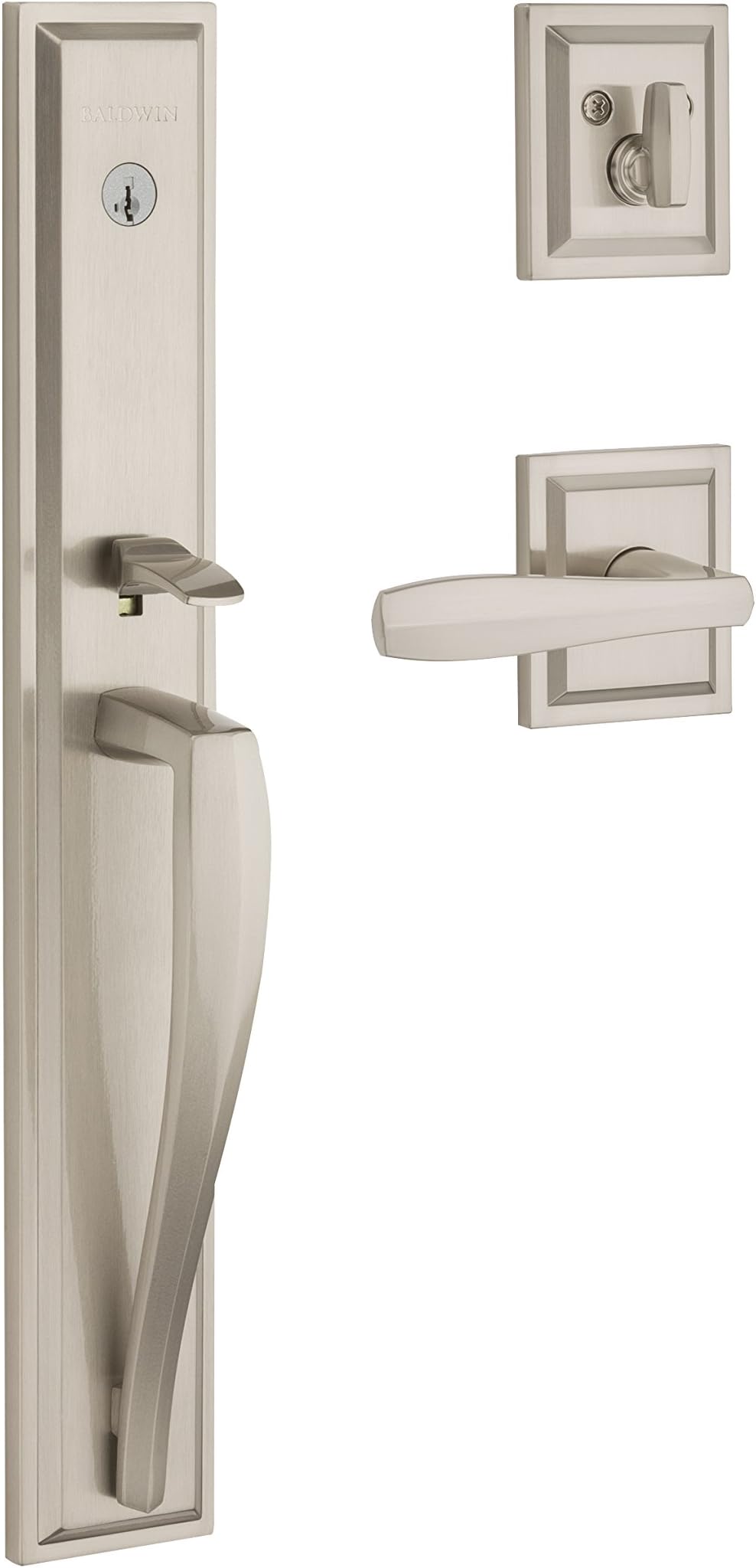 Torrey Pines Single Cylinder Front Door Handleset Featuring SmartKey Security in Satin Nickel, Prestige Series with a Modern Contemporary Slim Door Handleset and Square Lever