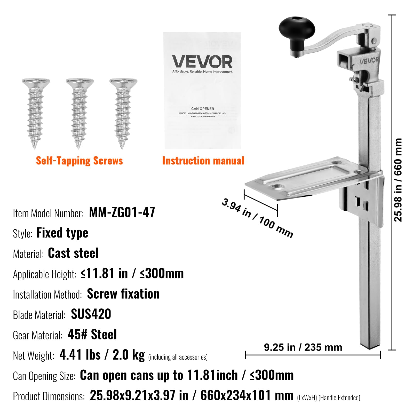 VEVOR Apriscatole Commerciale, Apriscatole Manuale in Acciaio Fuso da Tavolo per Lattine Alte Fino a 30 cm, Regolabile in Altezza con Viti, per Ristoranti e Hotel, 235 x 100 x 660 mm