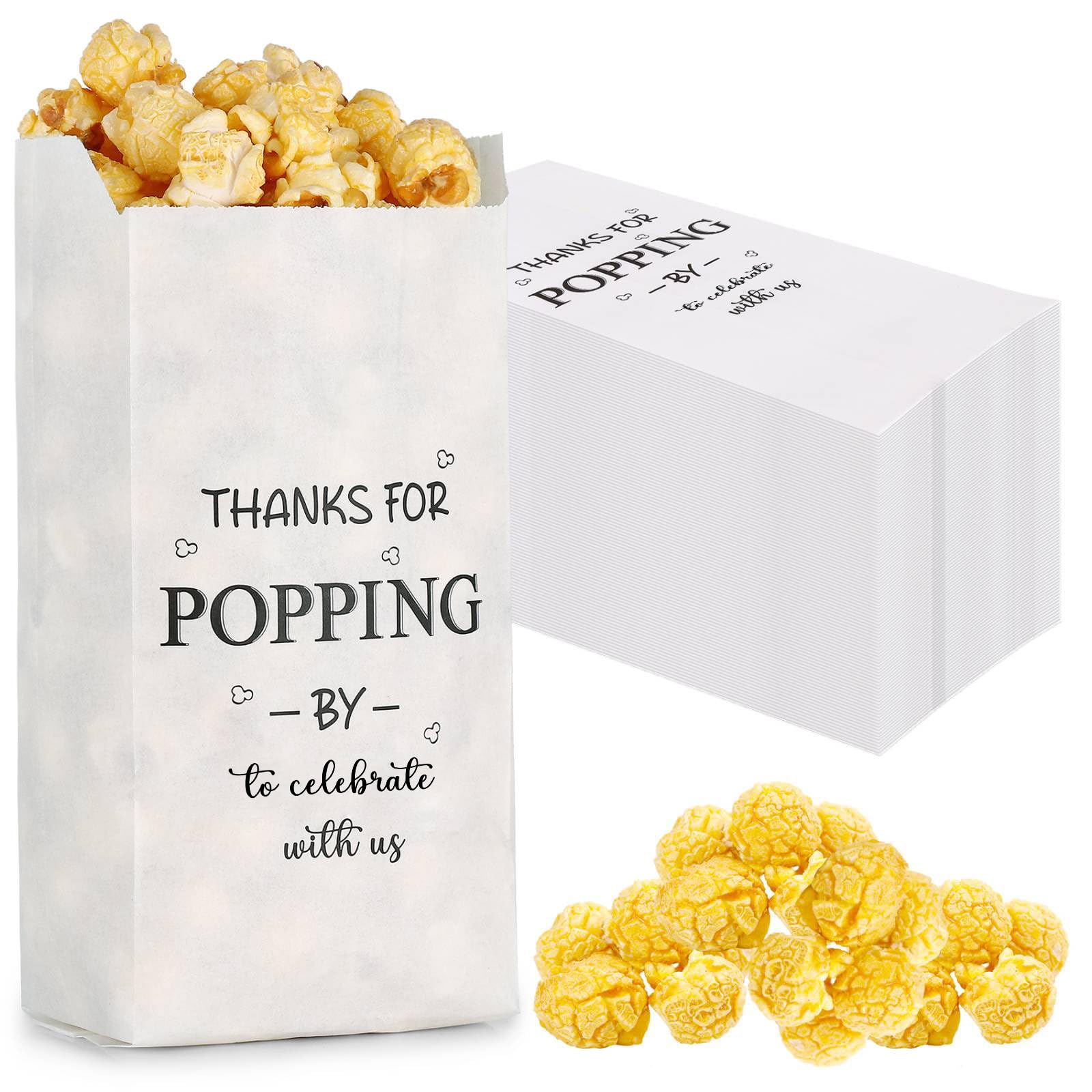 50 Pcs Thanks for Popping by Popcorn Bags Snack Goodie Cookie Bags Grease Resistant Individual Paper Servings for Graduation Wedding Baby Shower