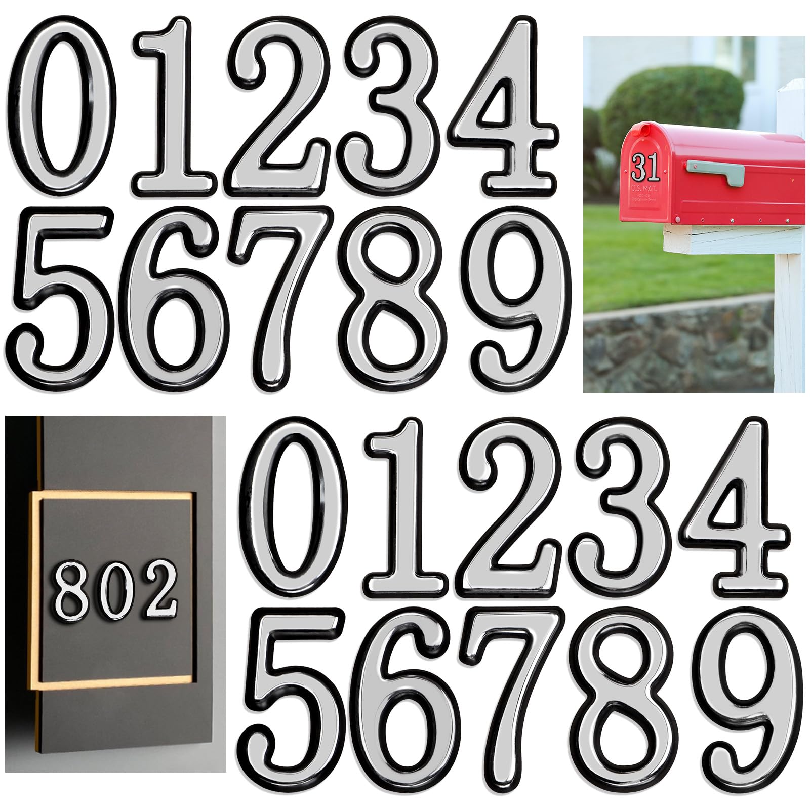 opasyo 30 Pieces Mailbox Numbers for Outside 2 inch 0-9 Self-Adhesive Mail Box Numbers,3D Gold House Numbers for Mailbox, Apartment, House, Trash Bins,Office Hotel Room (Silver, 2inch)