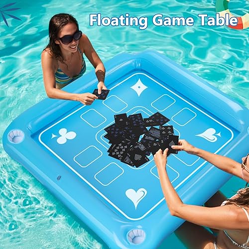 Miniatura 5 de Mesa de juego flotante para piscina  Mesa flotante inflable de 40 x 40 pulgadas para piscina con cartas de juego impermeables, gran mesa flotante