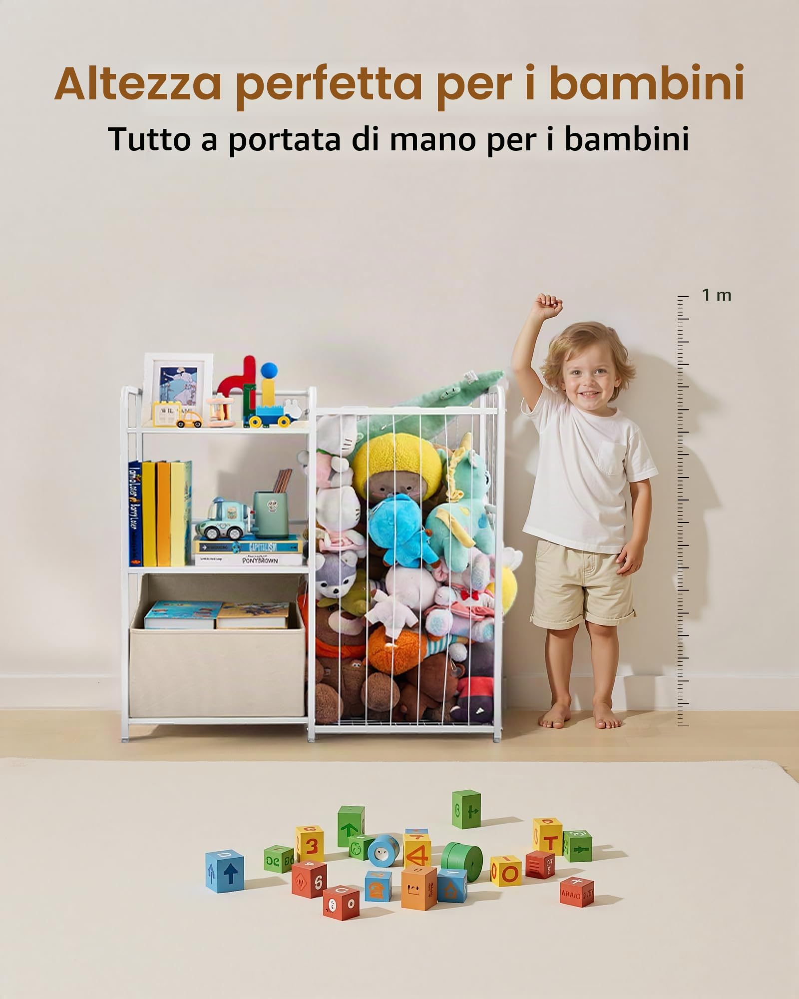 VEVOR Organizer per Giocattoli Peluche, Libreria per Bambini a 2 Livelli, Mobiletto Portaoggetti con Baule per Giochi in Tessuto, per Camere da Letto, Sale Giochi, Asili Nido, Scuole Materne, Bianco