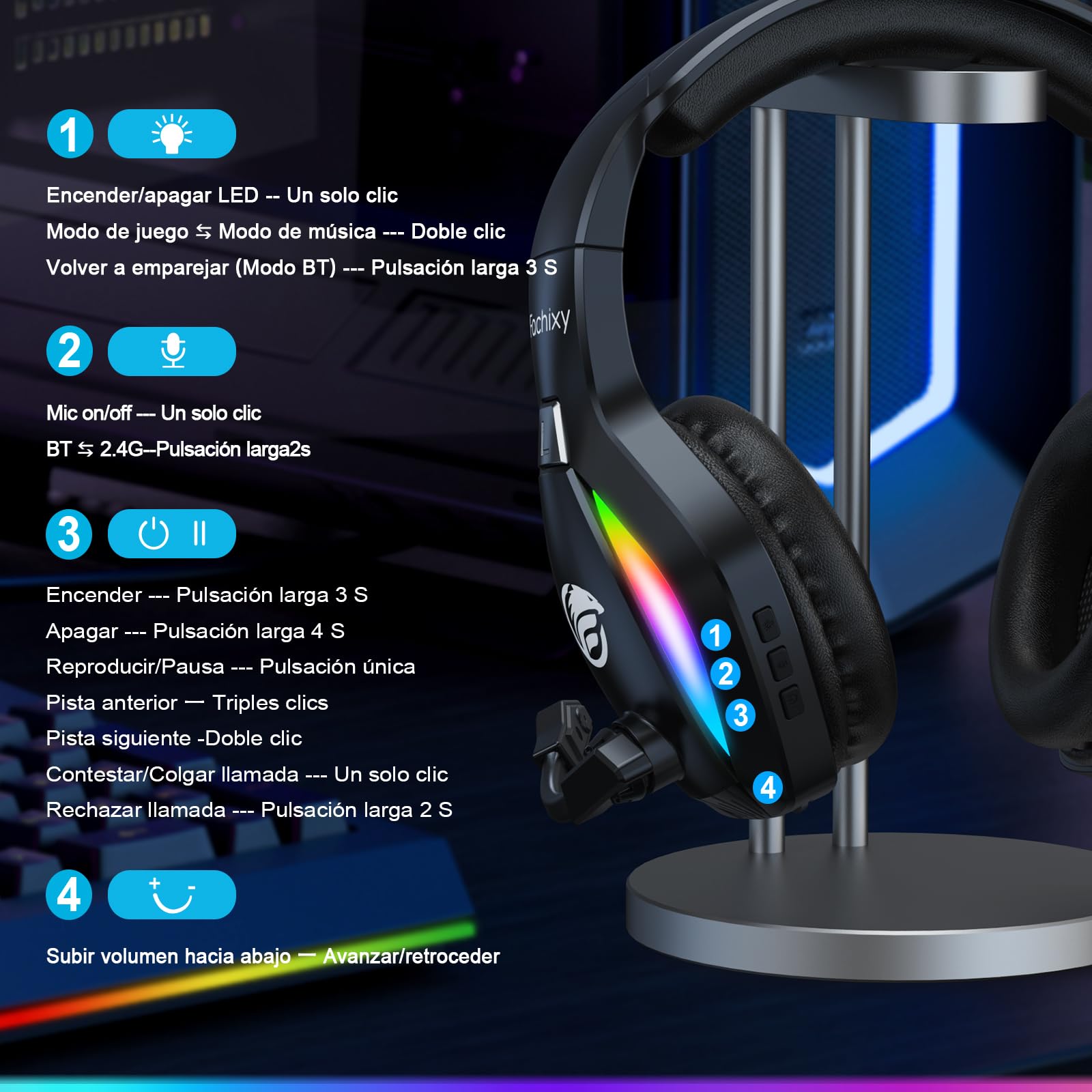 Fachixy「2025 Nuevo」FC100 Cascos Gaming Inalámbricos para PC, PS5, PS4, Auriculares Gaming Inalámbricos de 2,4GHz Wireless+Bluetooth - Baja Latencia, Duración 40Hr+, Luces RGB (Negro)