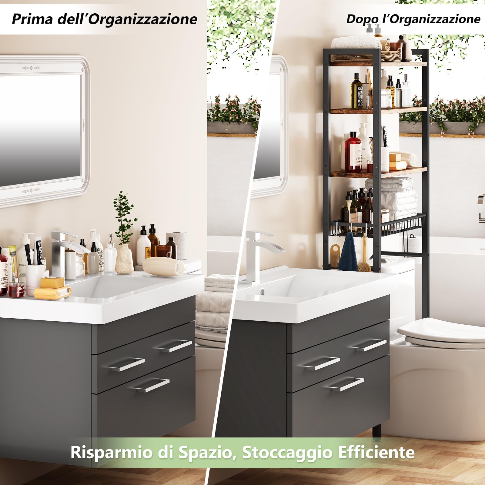 Kalrin Scaffale da Bagno, Scaffale Multifunzionale Regolabile a 4 Livelli, Scaffale Sopra il WC con Cestini, Scaffale Salvaspazio, Facile da Montare - Marrone Vintage