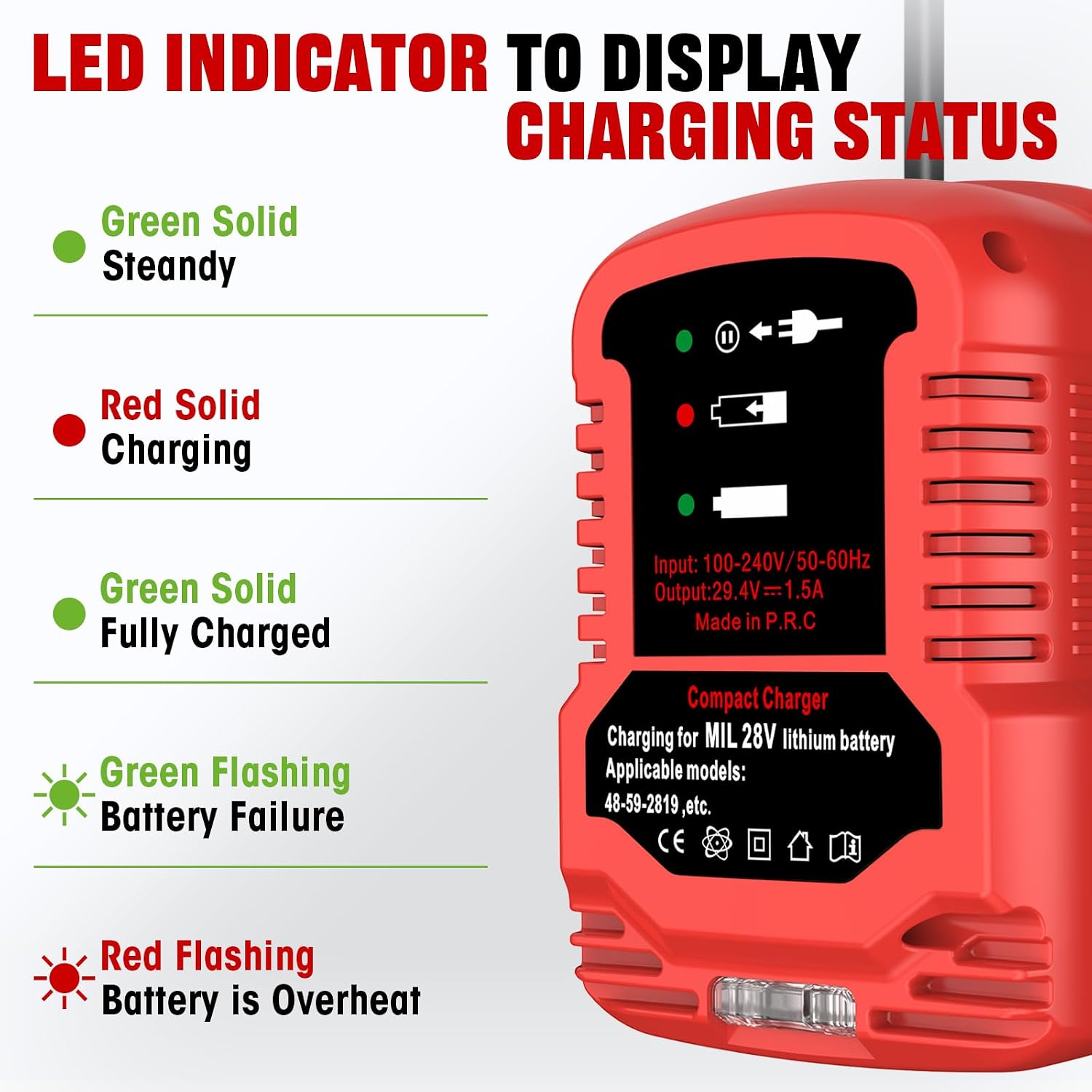 Charger for V28 for M28,for Milwaukee V28, 28V, 0726-22, 0780-20, 48-11-2830, M28, 0721-21 Battery Charger,for Milwaukee Mk28 for 28 Volt