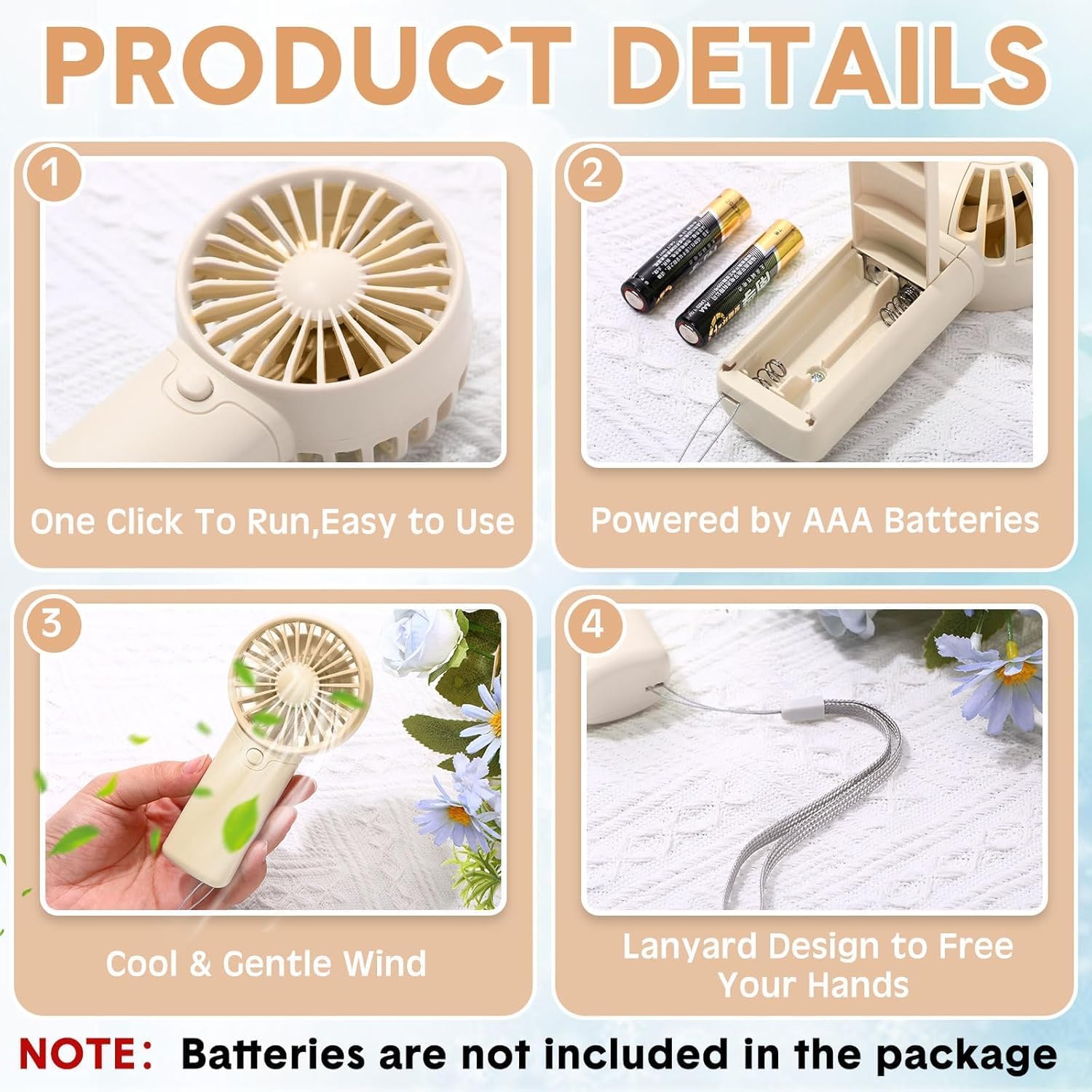 Rossesay 60 Pcs Mini Portable Fan Small Handheld Battery Operated Portable Personal Fans for Summer Travel Beach Indoor Outdoor Cooling Gift(White)