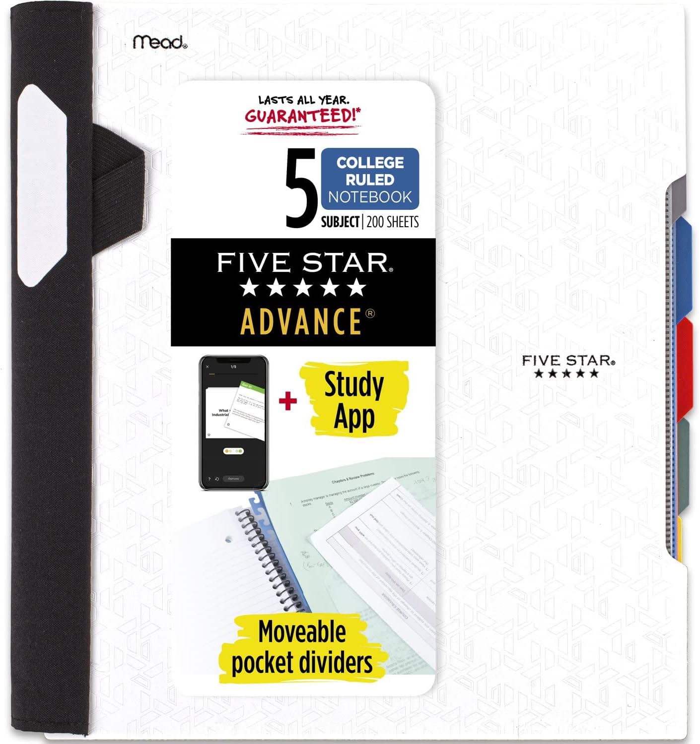 Five Star Advance Spiral Notebook + Study App, 5 Subject, College Ruled Paper, 8-1/2" x 11", 200 Sheets, Spiral Guard, Movable Tabbed Dividers, White (73154)