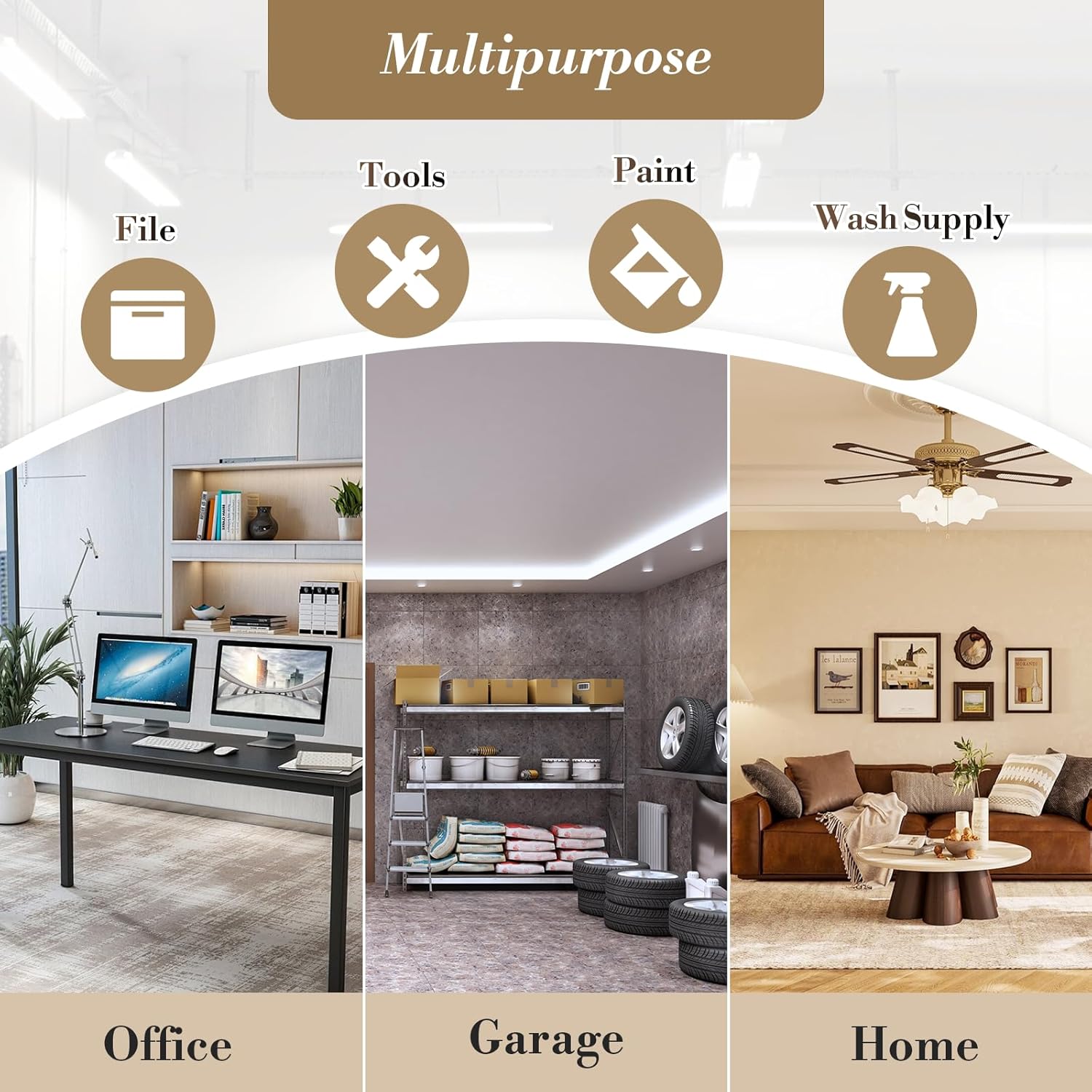 Infographic illustrating the multipurpose use of the cabinet for files, tools, paint, and wash supplies, suitable for office, garage, and home environments.