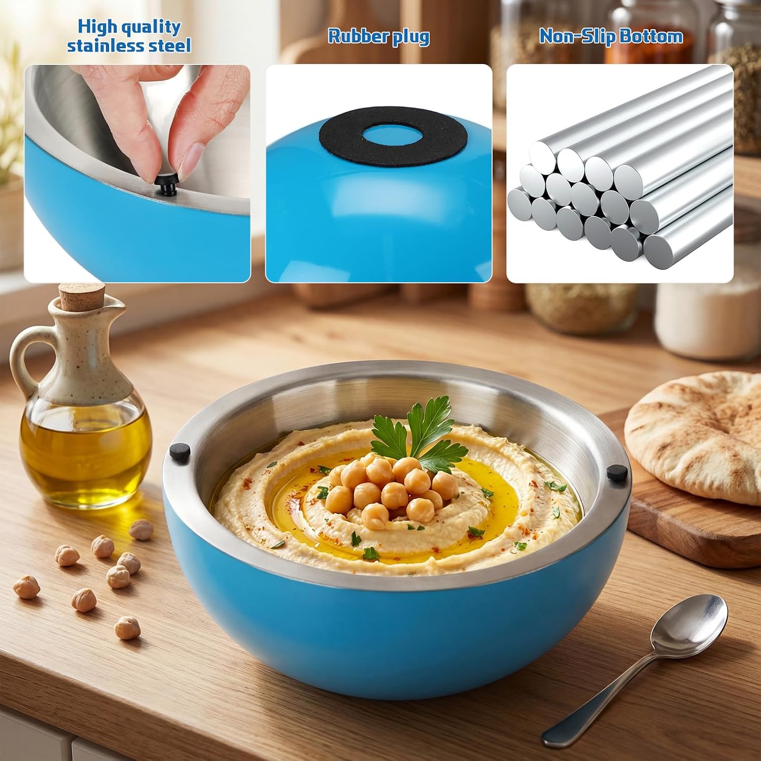 Honeydak 1 Pack 70 oz Dip Chiller Bowl Stainless Steel Double Walled Insulated Ice Serving Bowl for Parties Salsa, Guacamole, Condiments, Sauces, Salad & Food Hot and Cold, Blue
