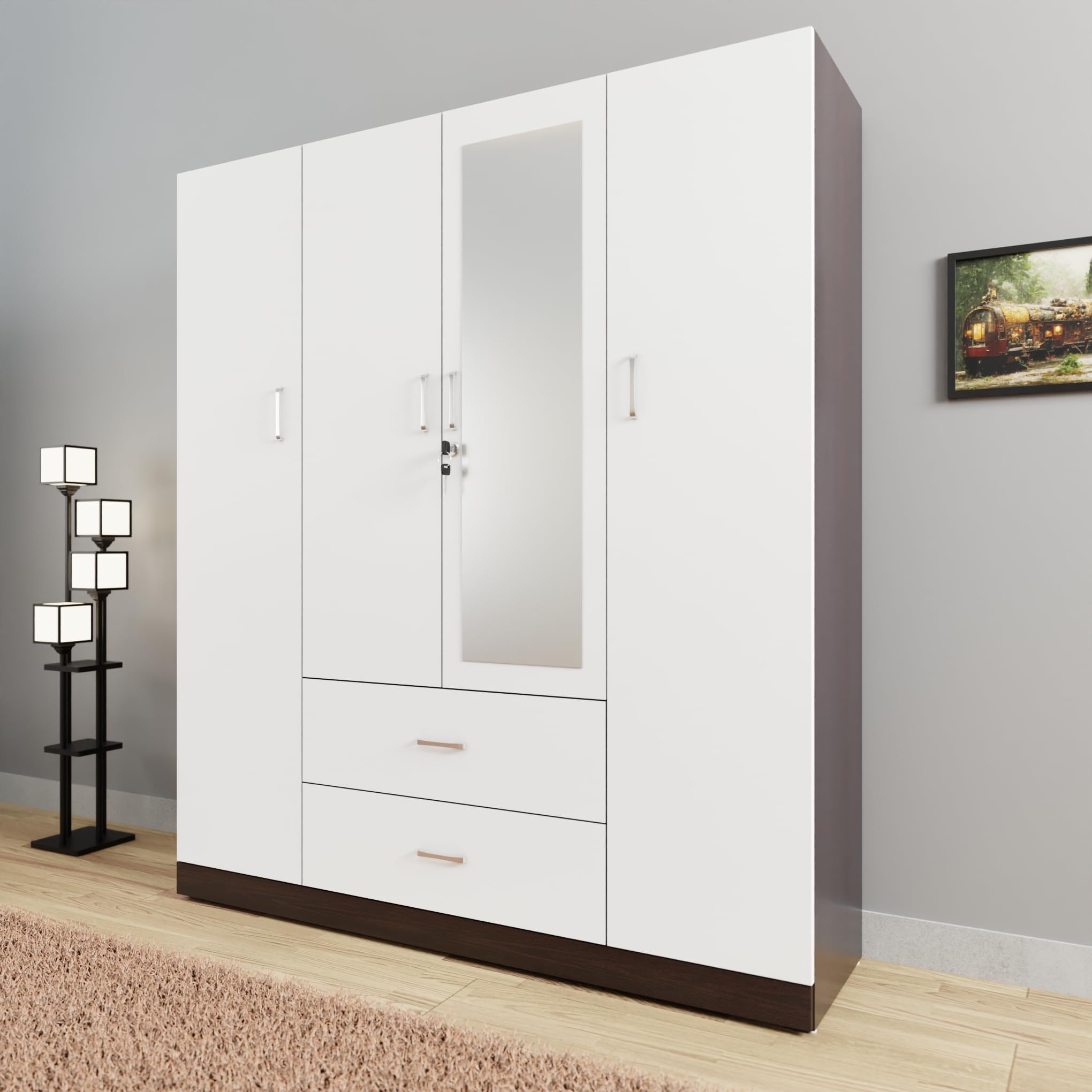 VIKI Wardrobe | Wooden Almirah for Clothes,Door for Bedroom, 4 Door Wardrobe with Drawer, Mirror & Hanging Space (Dark Wenge, Frosty White - 40D x 160W x 180H) | 1 Year Warranty | Free Assembly