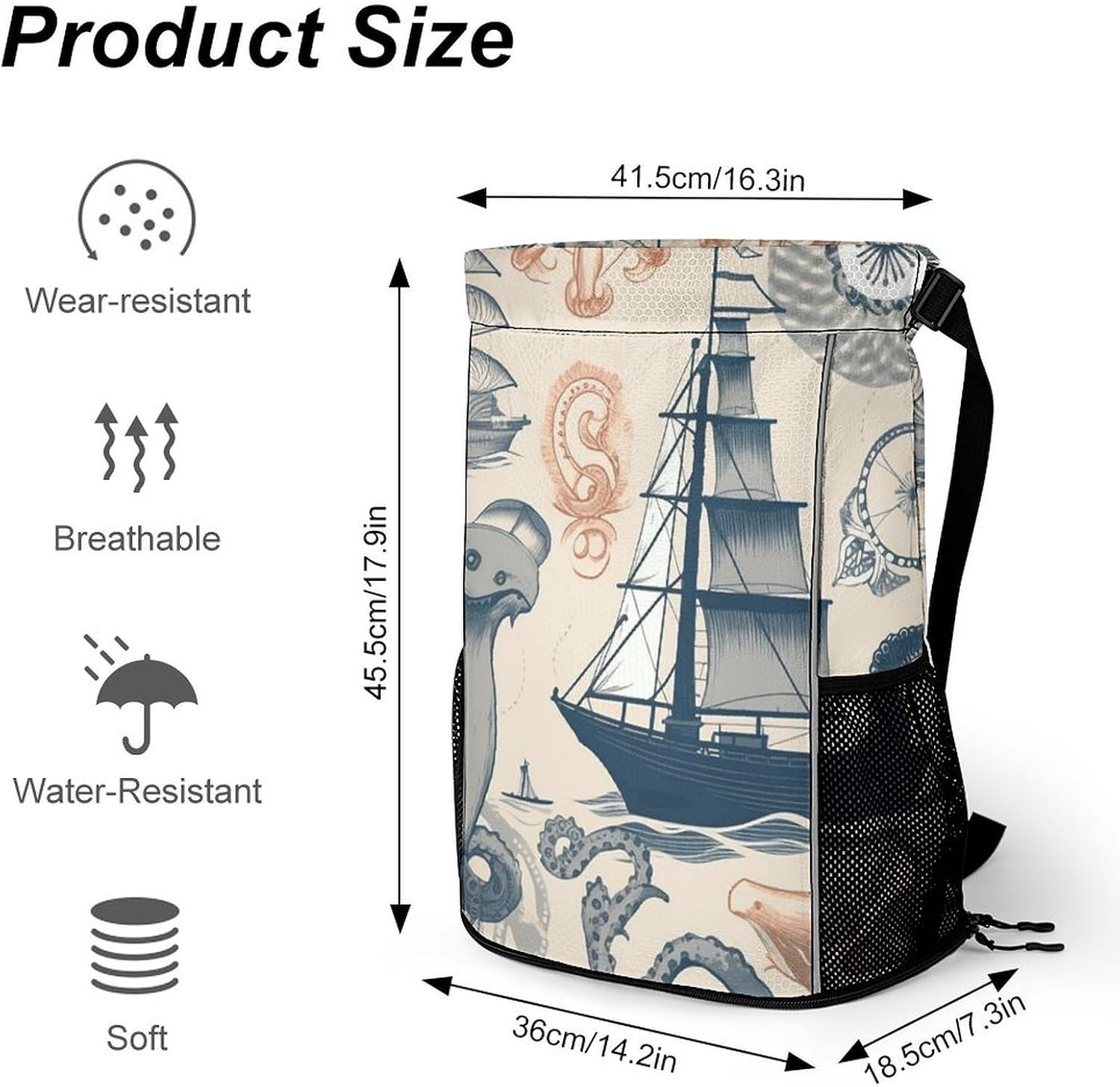 Lighthouse Sailboat Fish Shells Octopus Drawstring Backpack with Wet Pocket - Large Capacity Gym Bag with Shoe Compartment & Mesh Pockets, Adjustable Lightweight Gym Backpack for Swimming, Travel, Wor