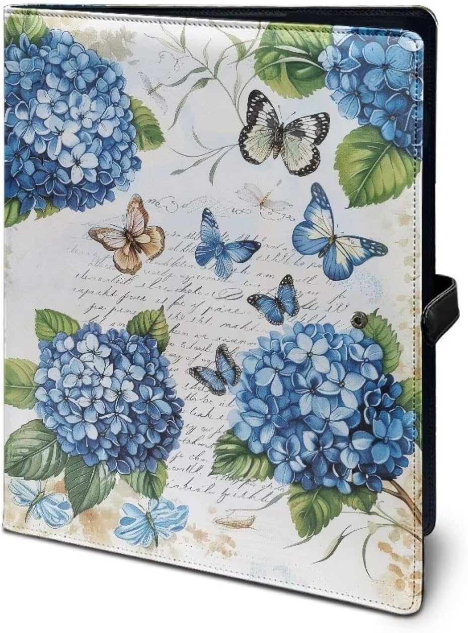 Leather Folder Portfolio Organizer, Print Document Planner Case Organizer Padded Padfolio Paperwork Holder Hydrangea Flower Butterfly Blue