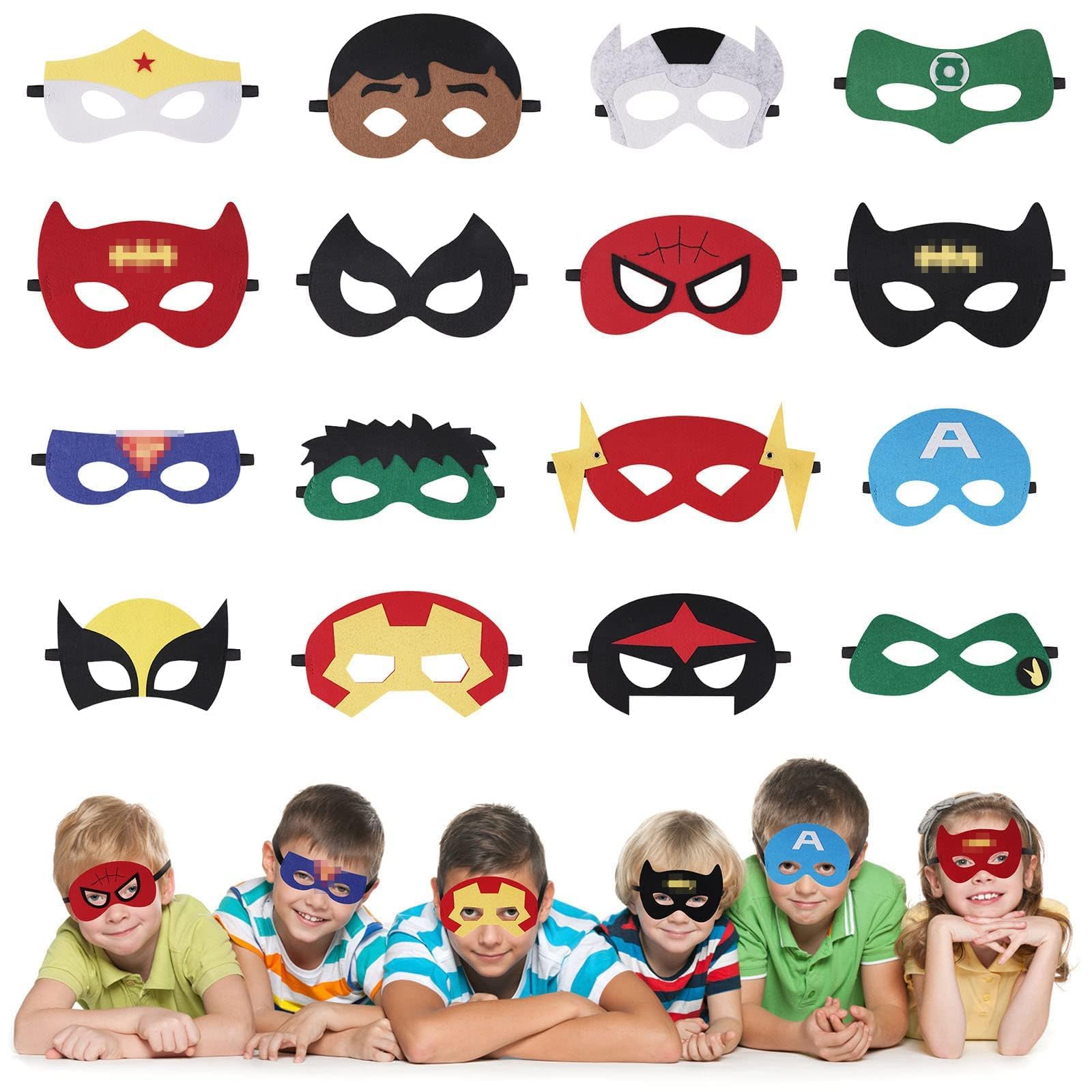 URAQT Maschere di Supereroi, 16 Pezzi BambiniFeltro Mascherine, Maschere Supereroi Per Bambini per Bambini Adulti Mascherata per Feste