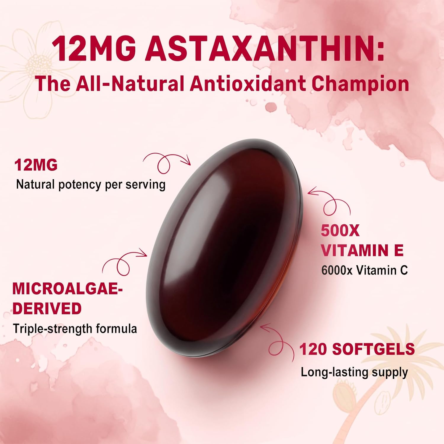 BEWORD Astaxanthin 12mg with MCT Oil, 120 Softgels 4-Month Supply | Premium Antioxidant Supplements | Natural Microalgae, Triple Strength | Supports Skin & Eye Health | Non-GMO, Gluten & Soy-Free