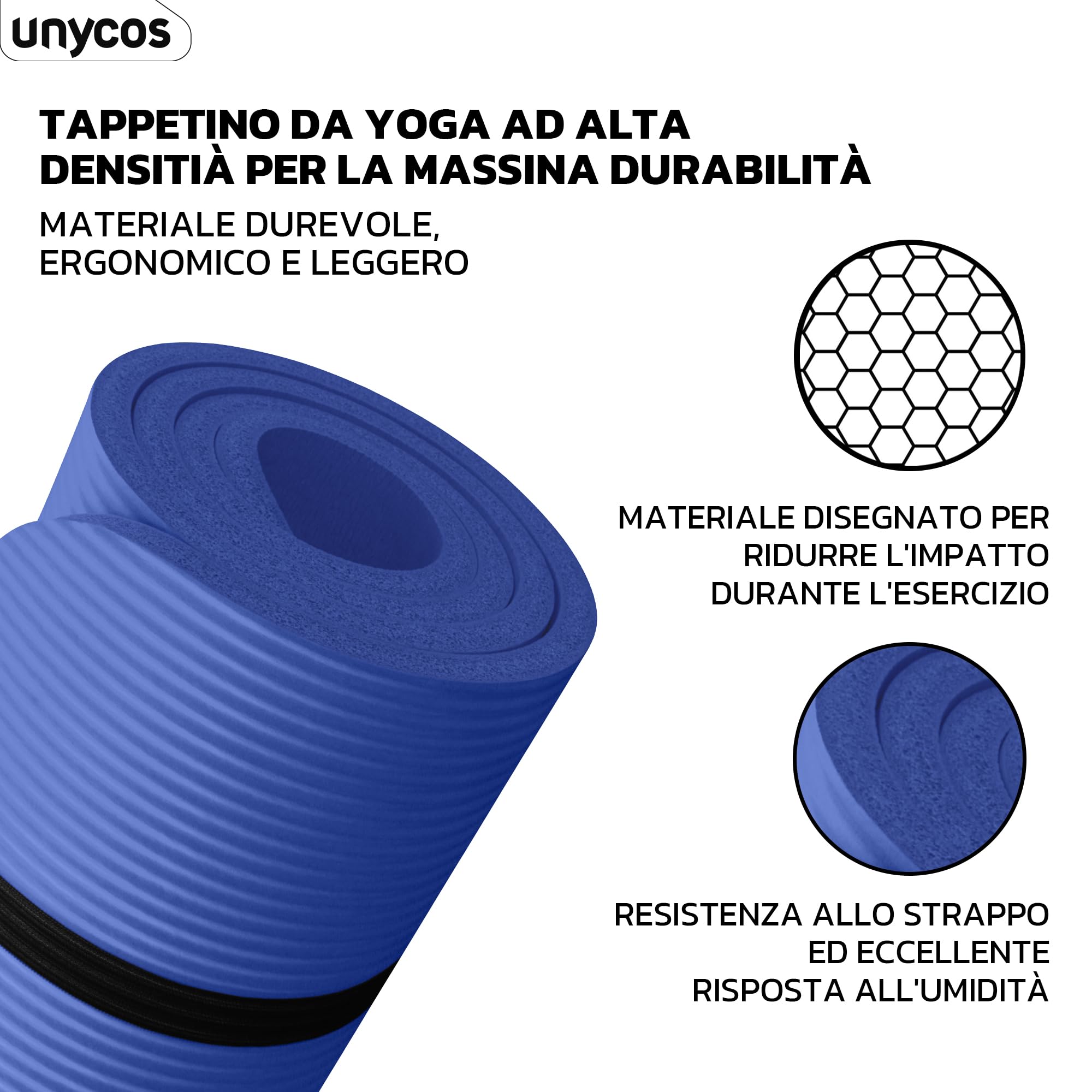 unycos - Tappetino Antiscivolo da Yoga, Pilates e Ginnastica Extra Spesso 10/15 mm, Materassino Fitness con E-Book, Schiuma NBR/Poliestere, Antiscivolo con Borsa a Tracolla, Tappeto per Allenamento