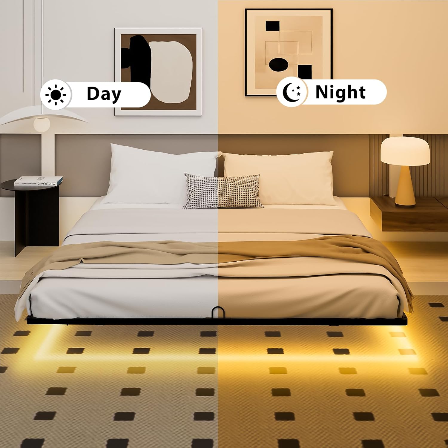 Queen Size Floating Bed Frame with Smart LED Lights, Modern Metal Platform Floating Bed Frame Queen - Heavy Duty Easy Assembly No Box Spring Needed and Noise Free