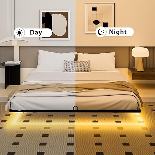 Miniatura 8 de Base de cama flotante tamaño Queen con luces LED inteligentes, plataforma de metal moderna, marco de cama flotante Queen – Resistente y fácil