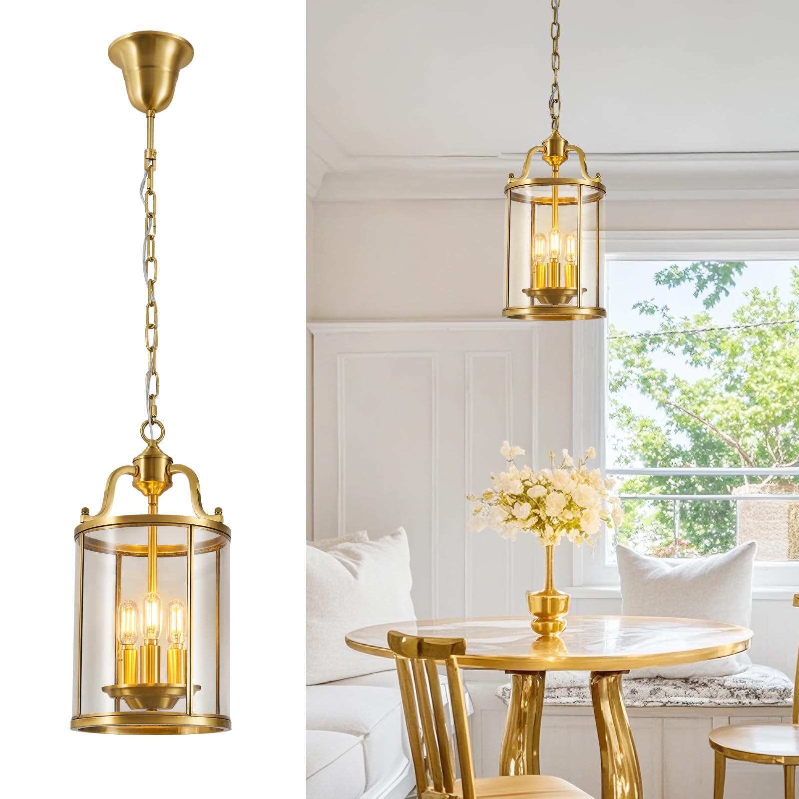 LMQNINE Antique Brass Pendant Lights Kitchen Island Gold 3 Light Chandelier 7.87 in Brass Solder Glass Pendant Light Bedroom Dining Room Entryway