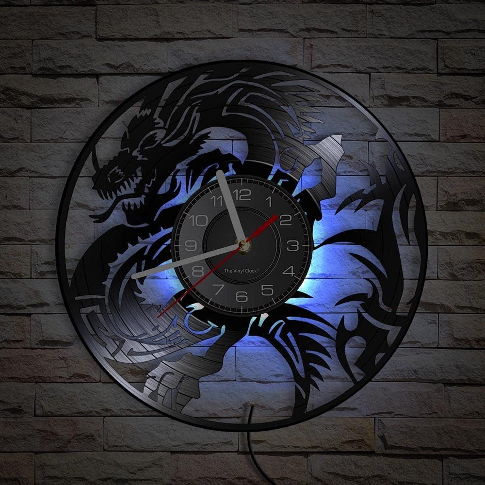 12 Inch Dragon LED Wall Clock with 7 Colors Changing, Silent Non Ticking Vintage Flying Evil Dragon Spiritual Symbol Fantasy Vinyl Record Wall Clock Watch for Living Room Bedroom Decor