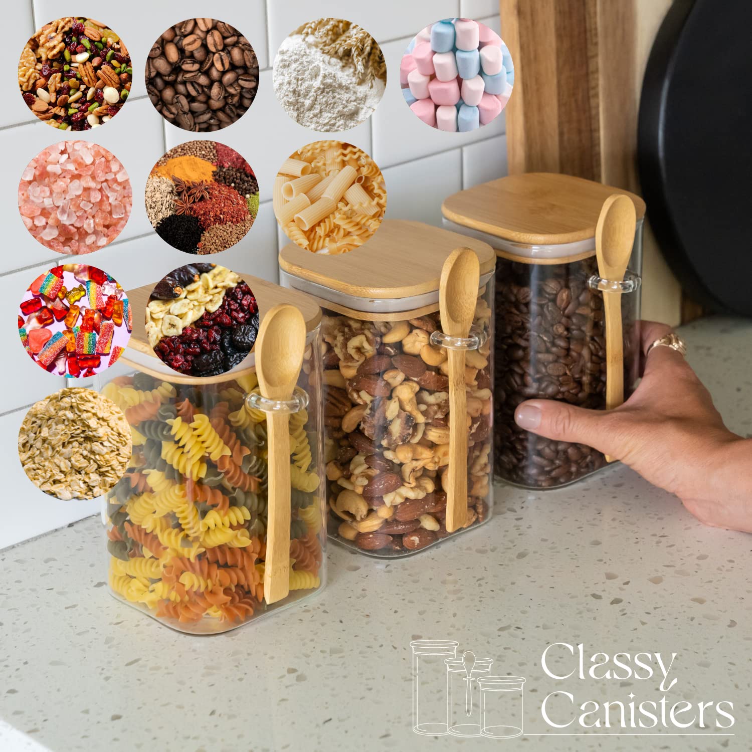3 Barattoli Quadrati Con Coperchio In Bambù Per Cucina - Contenitori Ermetici Con Cucchiaio Per Caffè, Zucchero, Tè