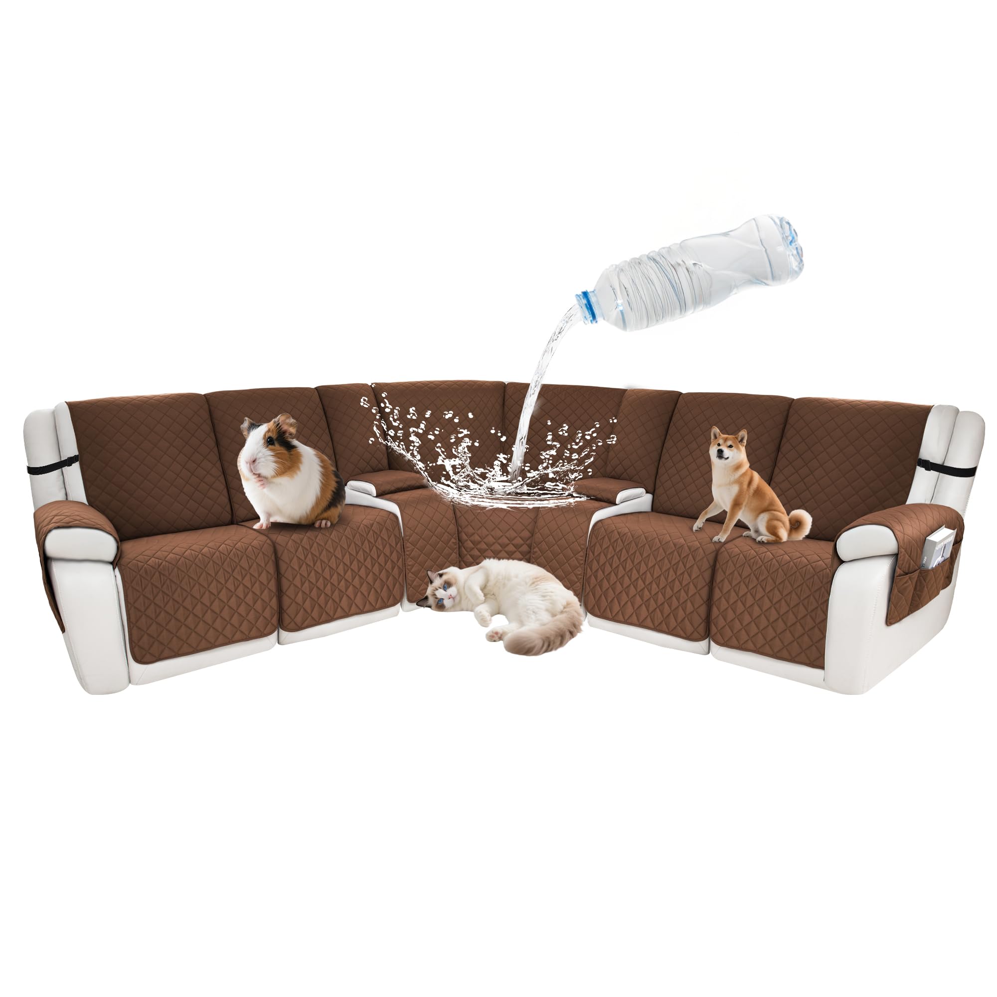 Waterproof Sectional Reclining Couch Covers L Shaped Recliner Sectional Sofa Cover 8 Piece Non Slip Washable Corner Recliner Slipcover Set for Pet Dog (5 Seater 2 Console Cover, Coffee)