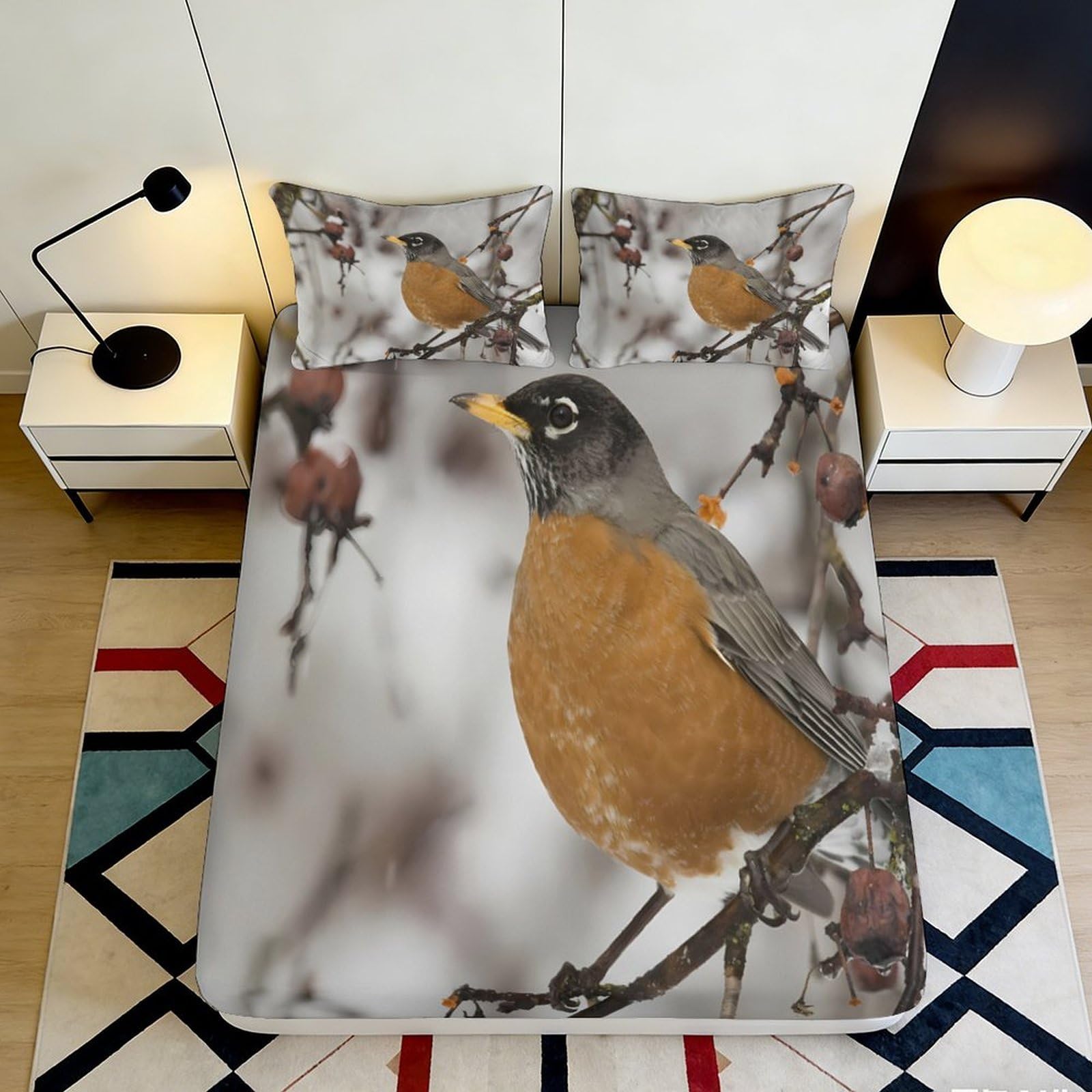 3D Printed Robin Bird Fitted Sheet Microfiber Soft Durable Winter Branch Bed Cover for Bedroom Dormitory Guest Room Mattress Protection 200x200x25cm