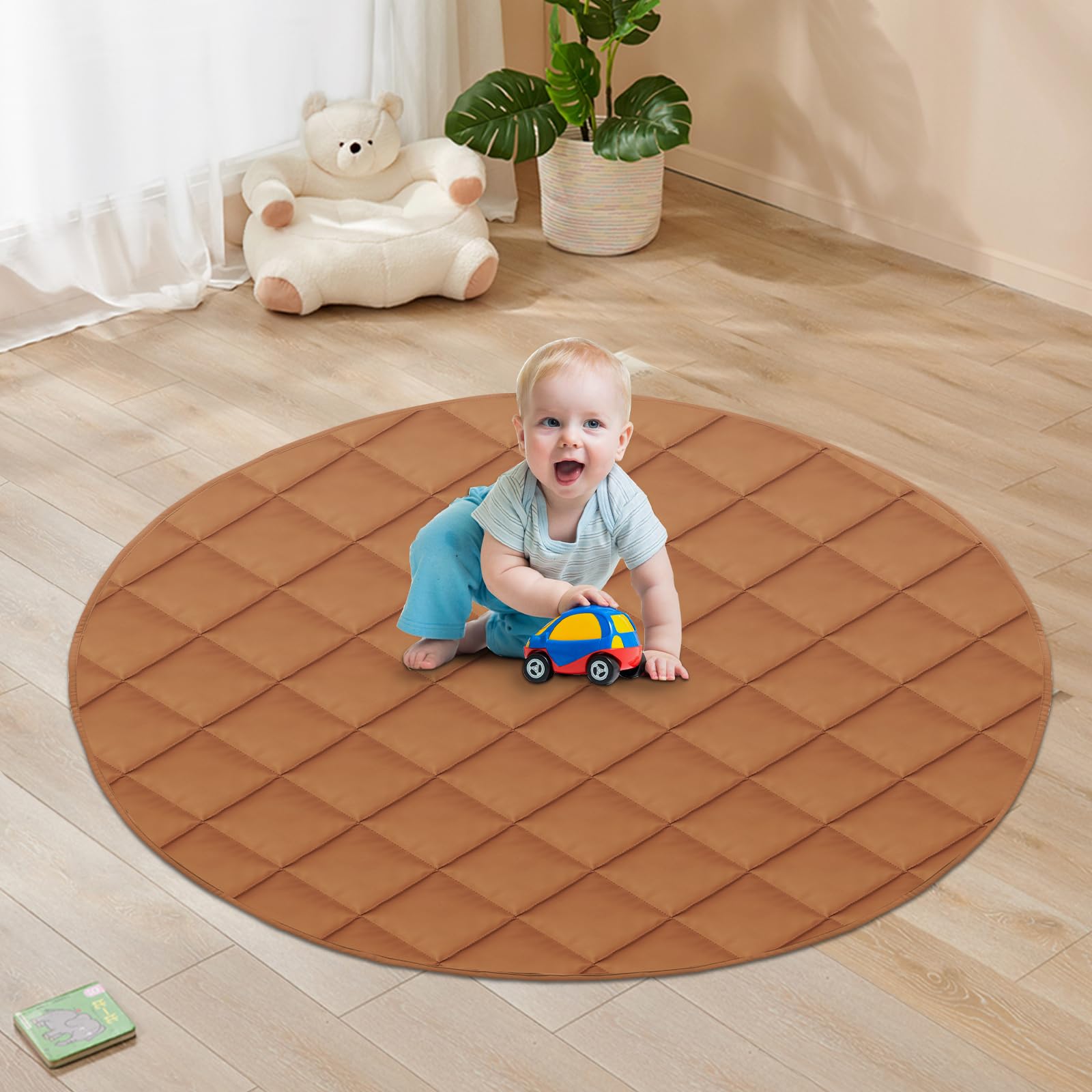 Amcomfy Baby Play Gym Mat, Flexible Leather Padded Quilted Crawling Mat Portable Waterproof Toddler Floor Mat Tummy Time Play Mat (Dark Brown, 49" X 49")