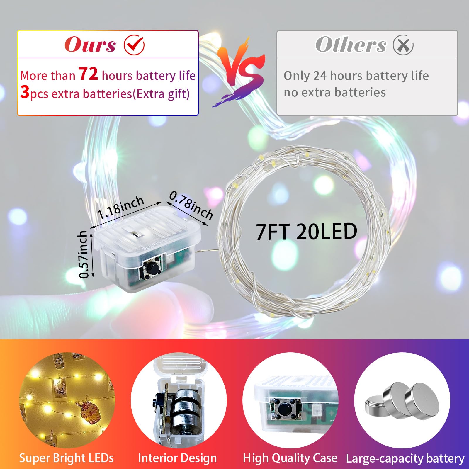 Paquete de 24 luces de hadas de 7 pies, 20 luces LED, funciona con pilas, impermeable, luciérnaga estrellada para tarro masón, fiesta, boda, Navidad, día de San Valentín (24, multicolor)