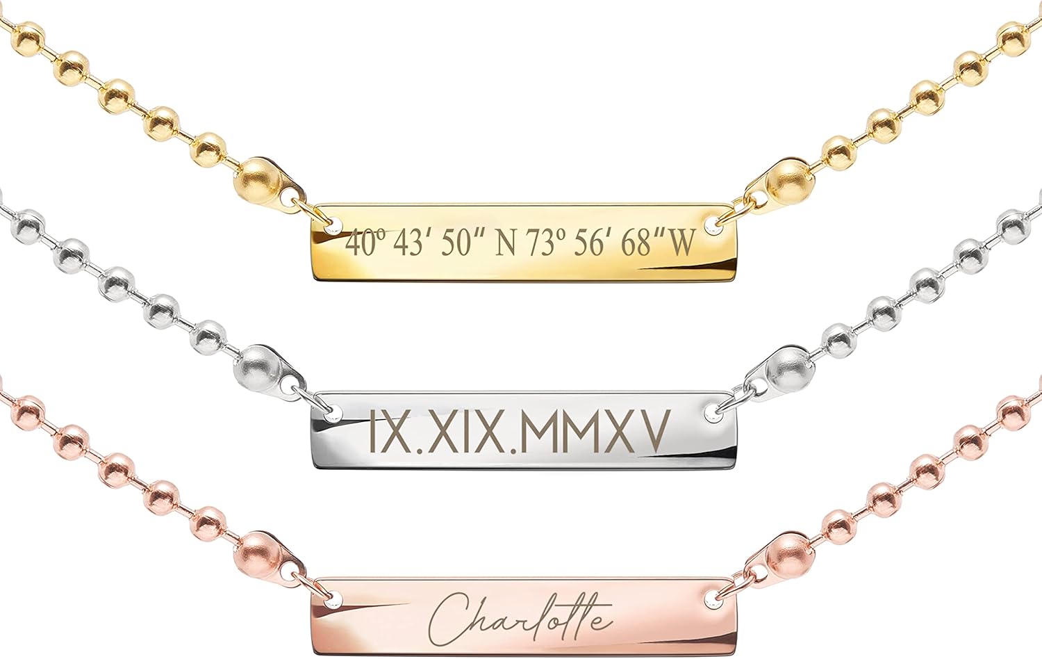 MignonandMignon Custom Beaded Necklaces Women Mothers Day Ball Chain Coordinate Name Unique Graduation Gift Engraved Personalized Bead Mom Friendship Birthday Jewelry B-4N