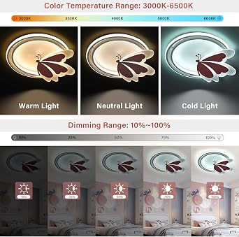 LED Ceiling Light Butterfly 48 W Dimmable with Remote Control Colour Temperature 3000-6500 K Night Light Timer Memory Function Ceiling Lamp for Children's Room & Bedroom 4800 lm 47 x 40 cm Metal [Energy Class E]