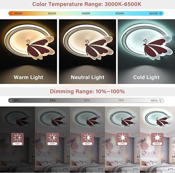 LED Ceiling Light Butterfly 48 W Dimmable with Remote Control Colour Temperature 3000-6500 K Night Light Timer Memory Function Ceiling Lamp for Children's Room & Bedroom 4800 lm 47 x 40 cm Metal [Energy Class E]